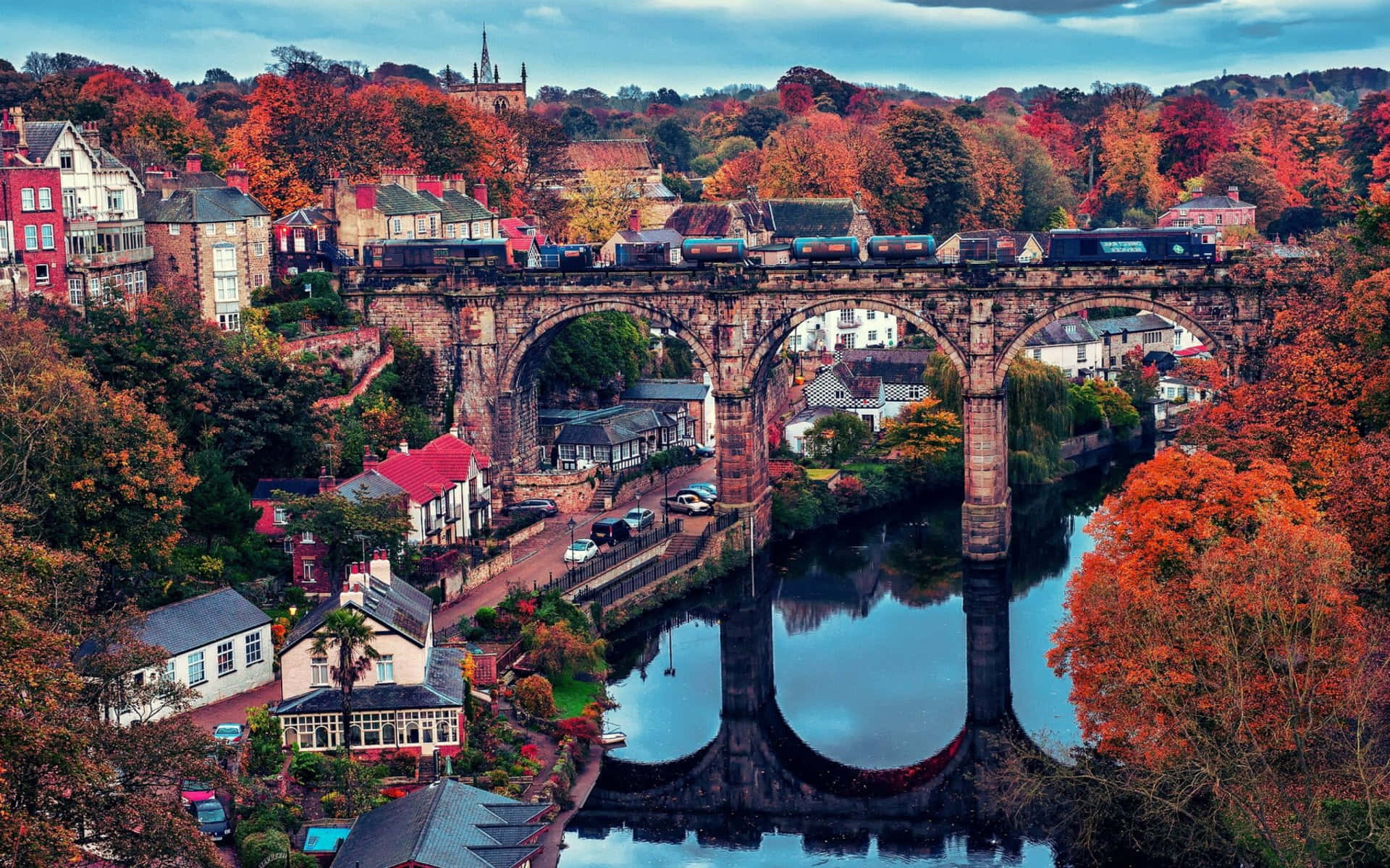 Fall Town, stone viaduct, calm river, Full HD Desktop Wallpaper