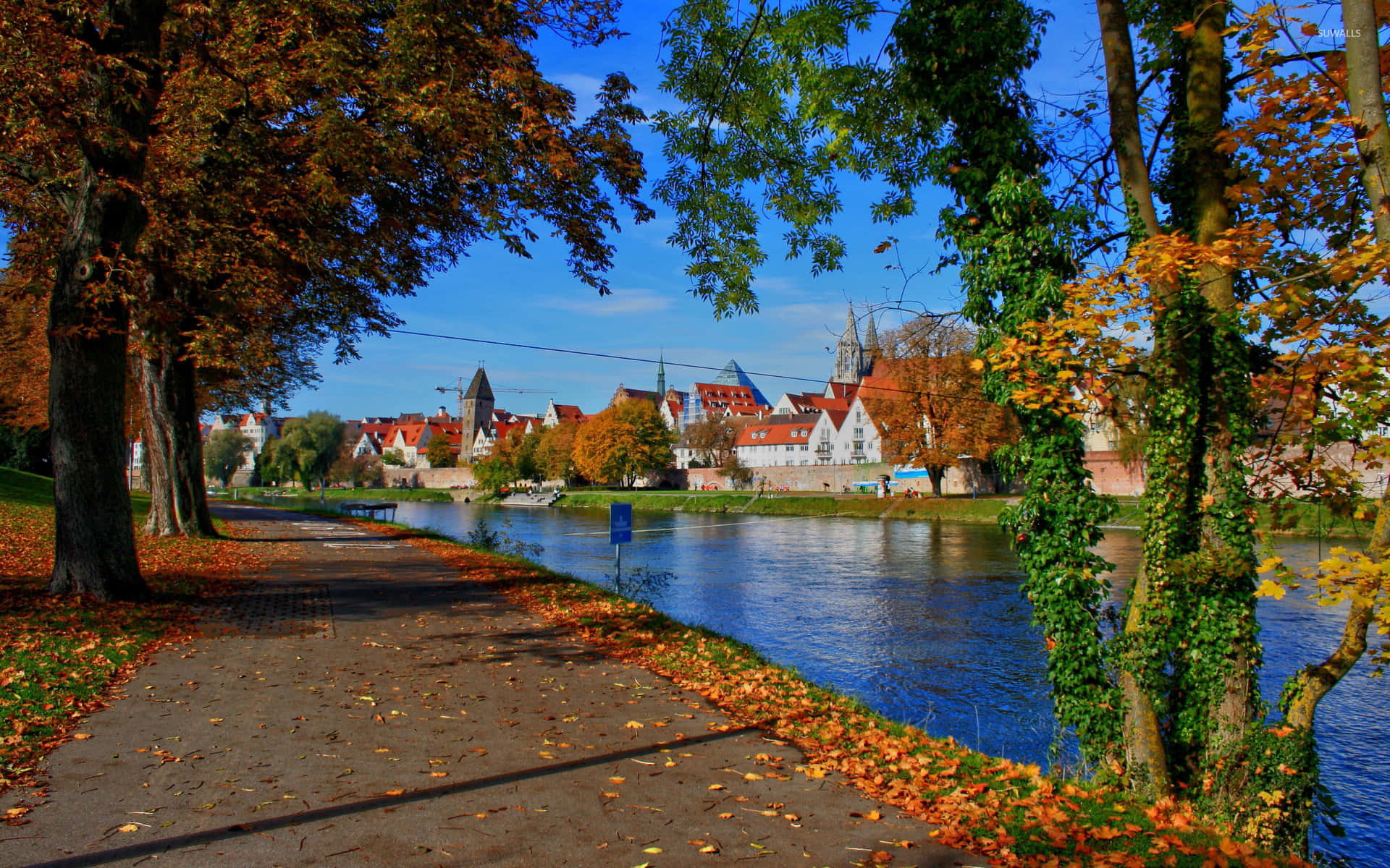 Fall Town, autumn leaves, riverside path, Full HD Desktop Wallpaper