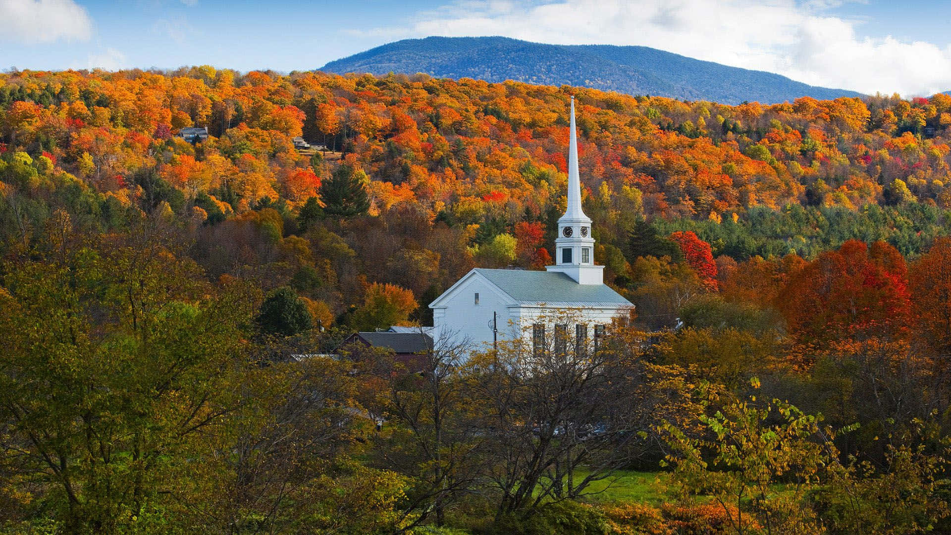 Fall Town, white church, steeple, Full HD Desktop Wallpaper
