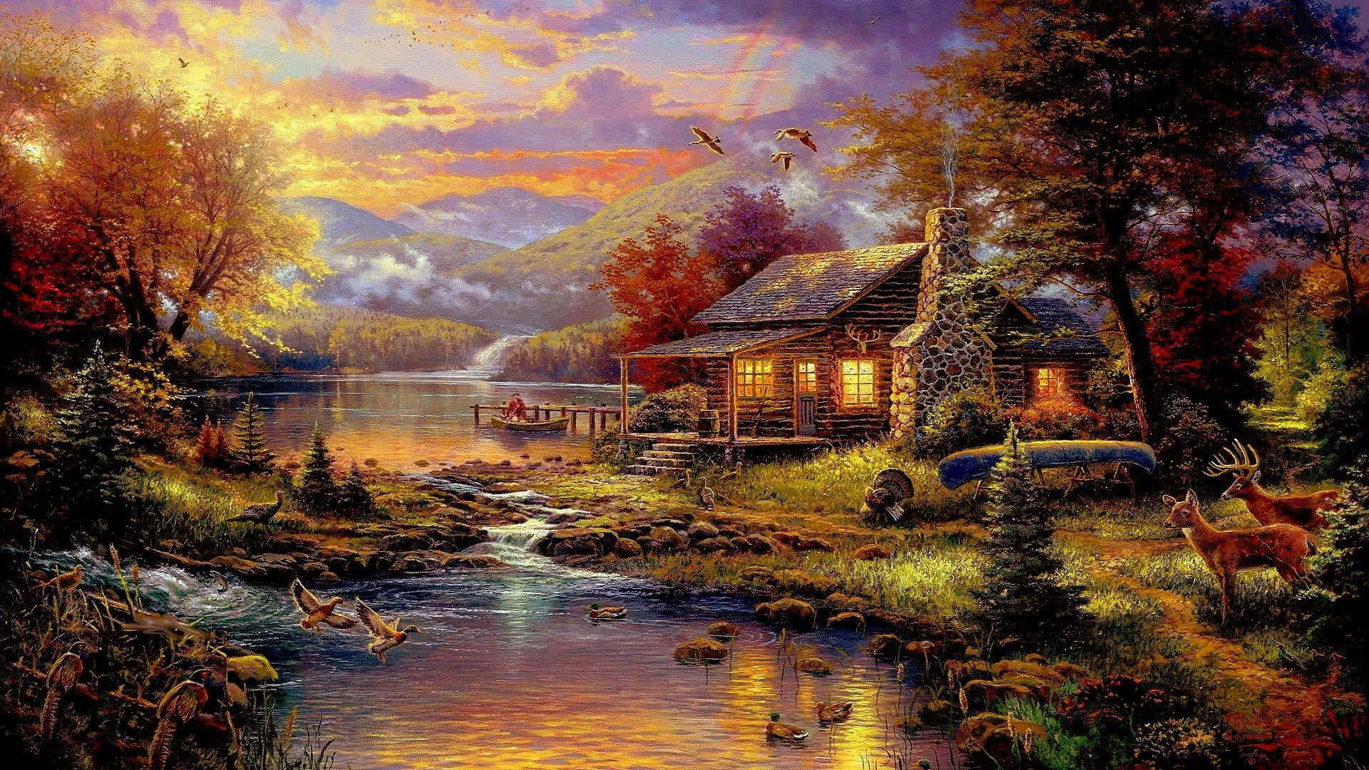 Fall Town, sunset, log cabin, Full HD Desktop Wallpaper