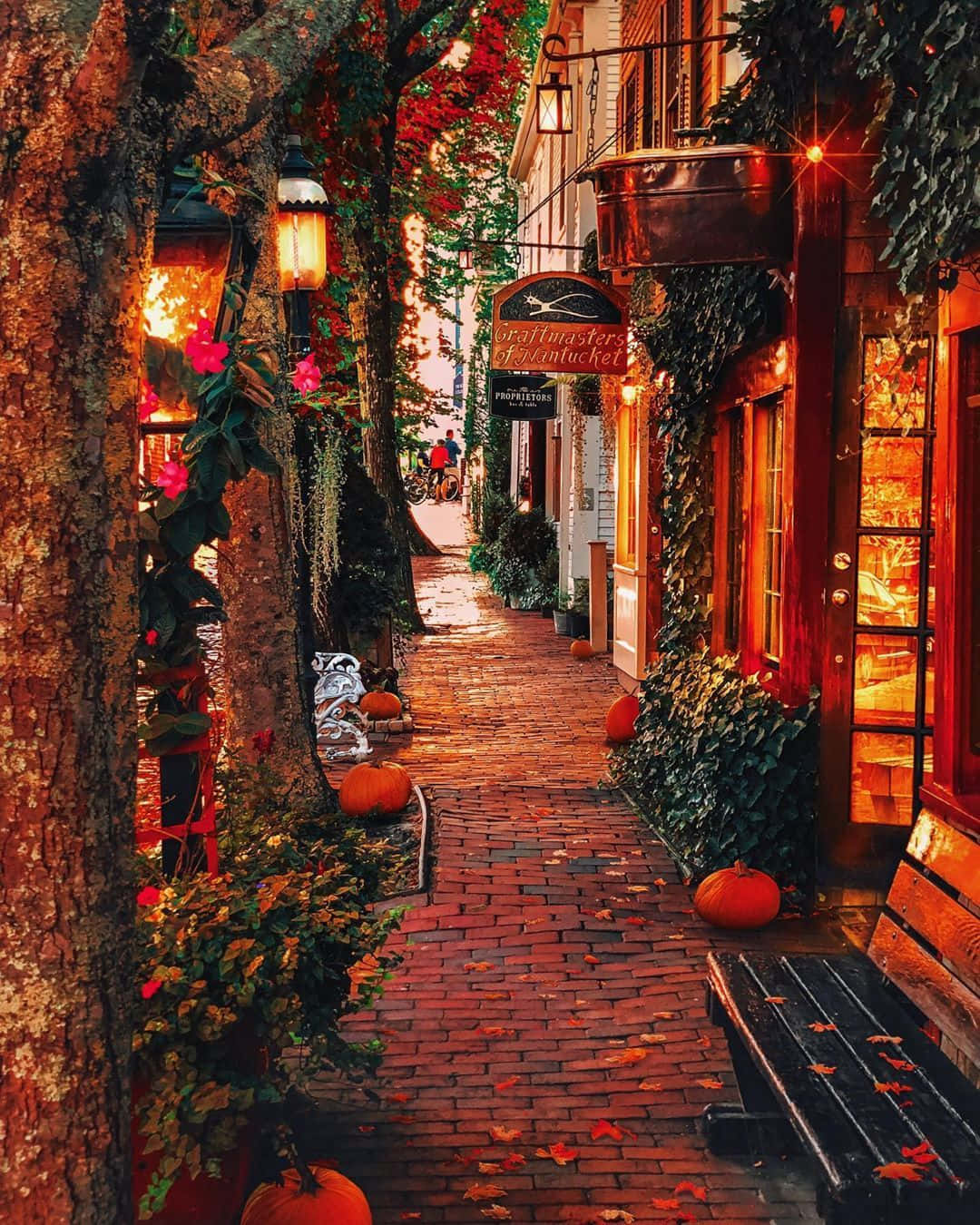 Fall Town, autumn alleyway, brick buildings, HD Phone Wallpaper
