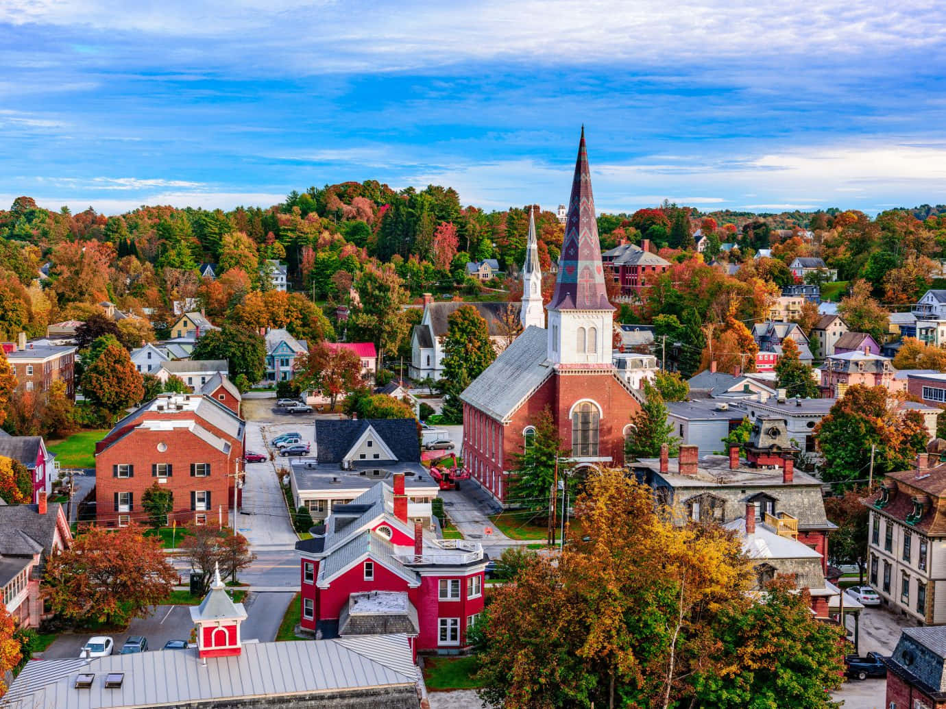 Fall Town, autumn, red brick church spire, HD Desktop Wallpaper