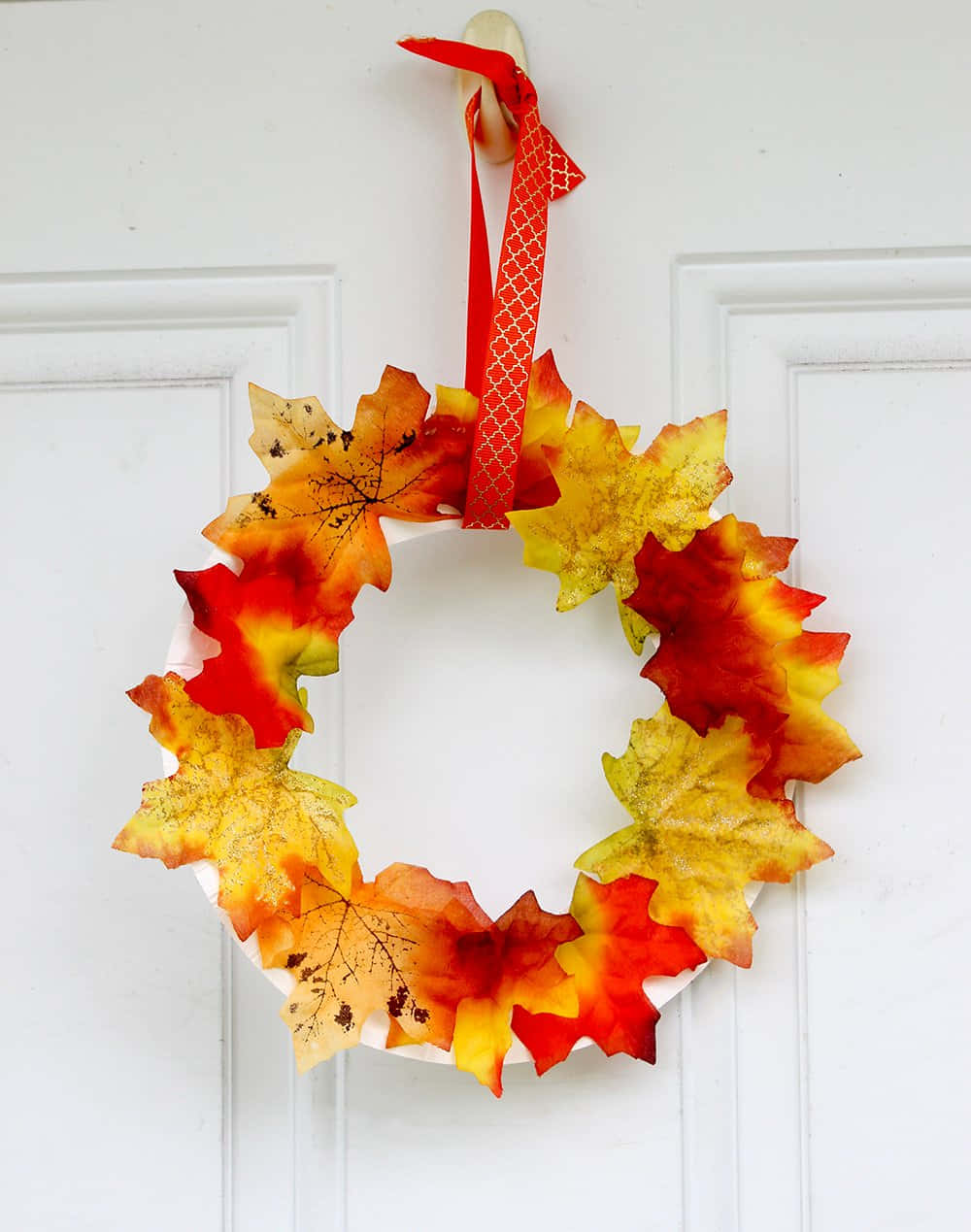 Fall Wreath, red orange and yellow maple leaves, white door, SD Phone Wallpaper