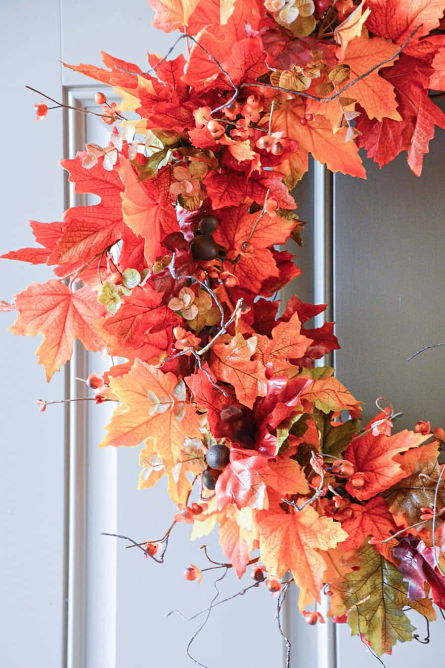 Fall Wreath, rustic wooden door, red orange and yellow maple leaves, HD Phone Wallpaper