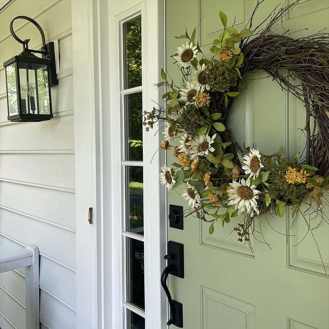 Fall Wreath, sunflower wreath, pale green front door, SD Desktop Wallpaper