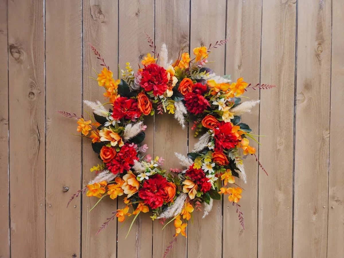 autumn wreath, red orange and yellow flowers, white pampas grass, SD Desktop Wallpaper