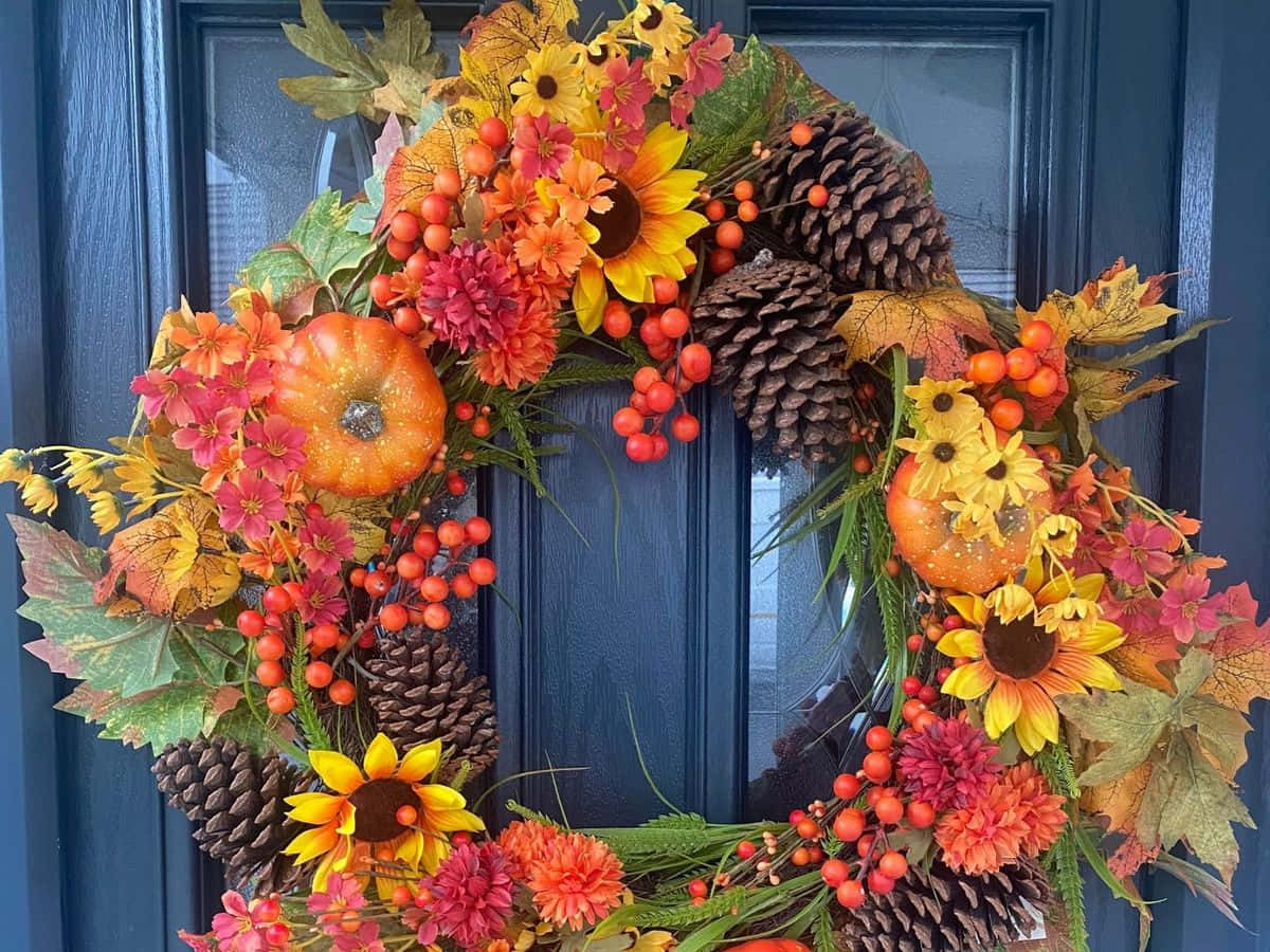 Fall Wreath, rustic wooden door, dark blue front door, SD Desktop Wallpaper