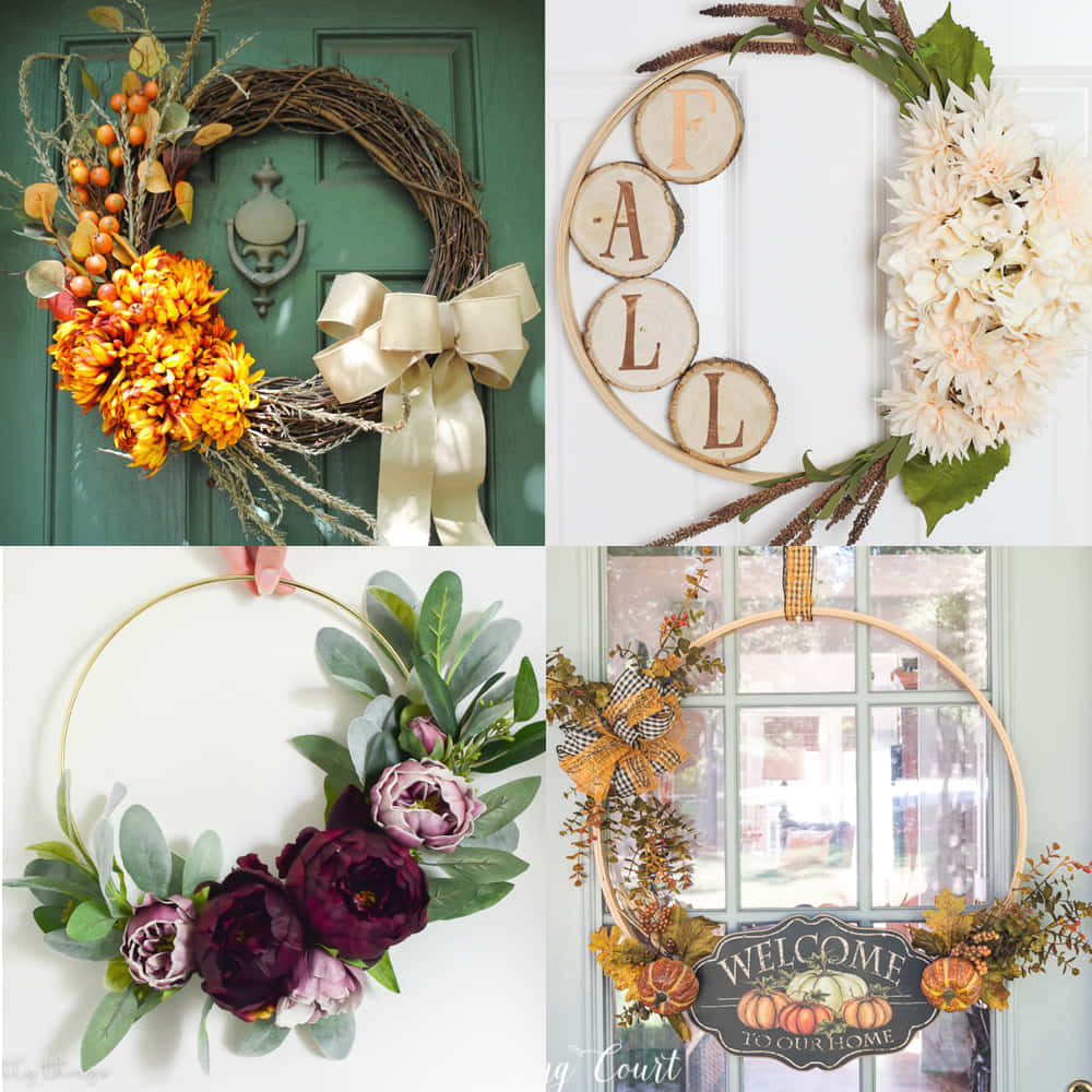 Fall Wreath, rustic wooden door, autumn-themed wreaths, SD Desktop Wallpaper
