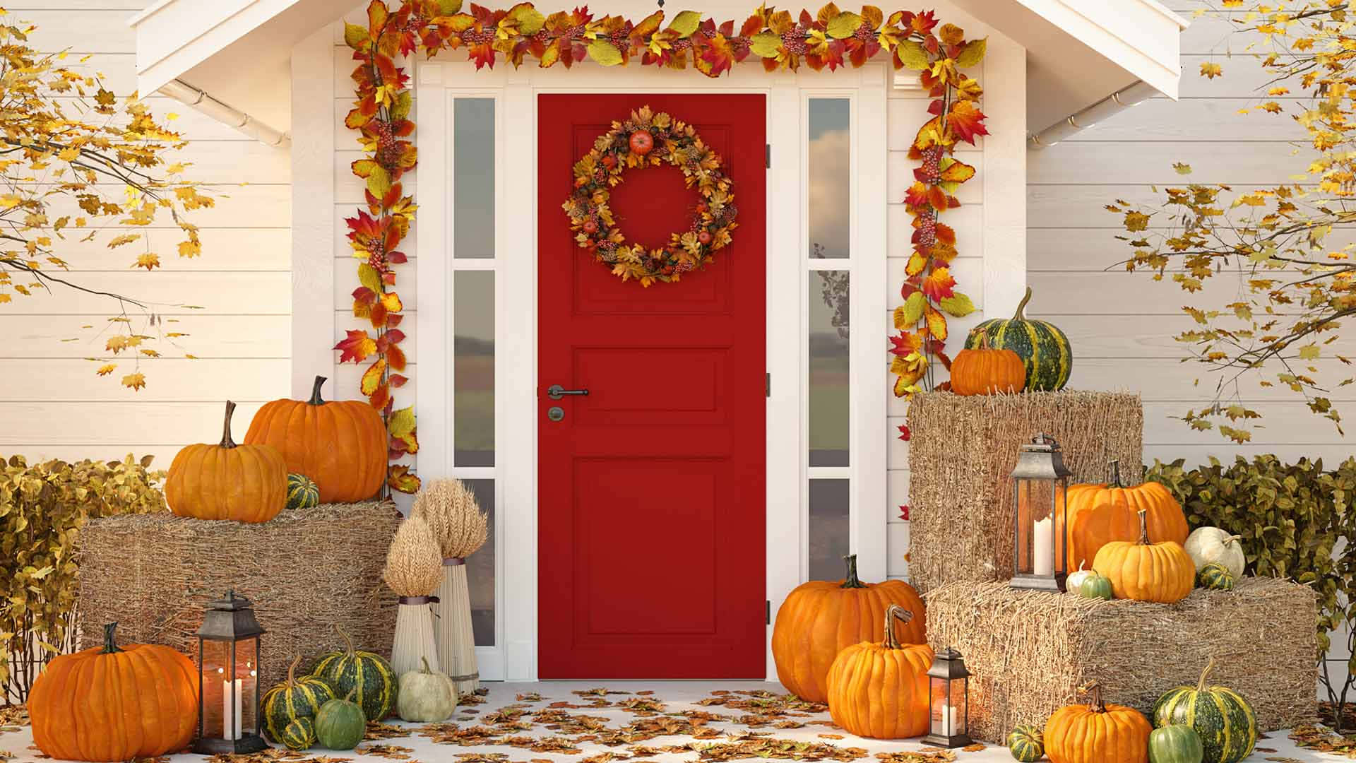 Fall Thanksgiving, vibrant red front door, leaf wreath, Full HD Desktop Wallpaper