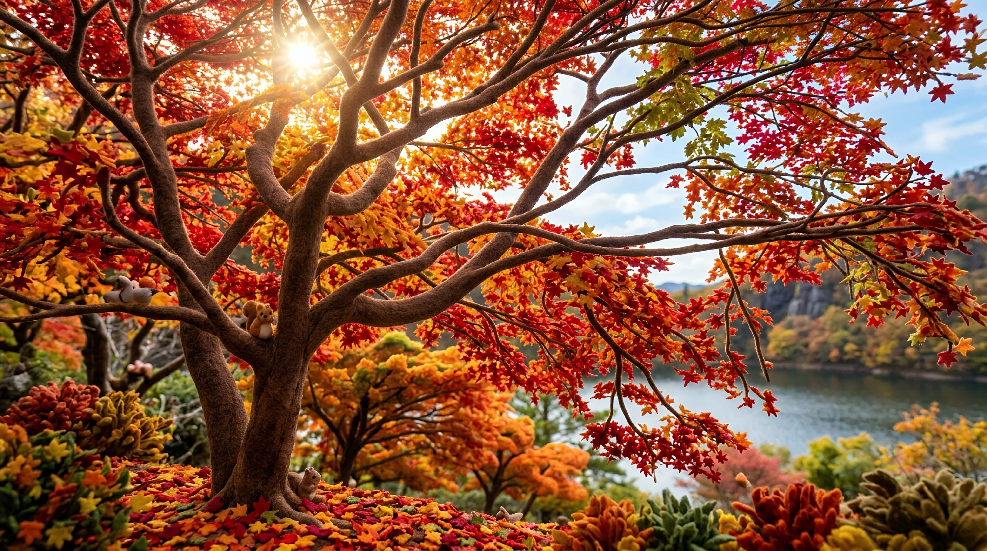autumn maple tree, sunlit lake, fiery red and orange leaves, 4K Desktop Wallpaper