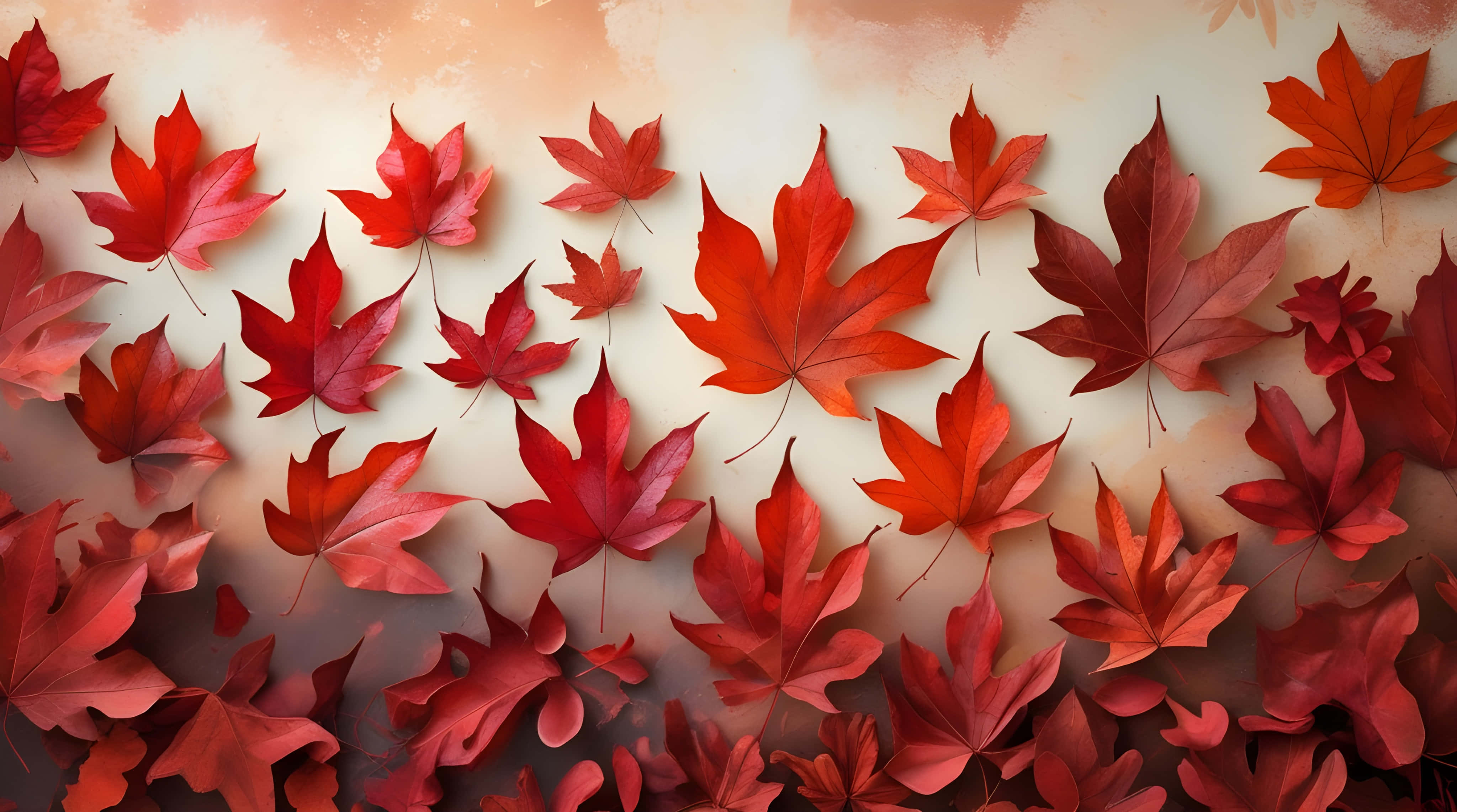 dry red fallen leaves, maple leaves, peach to cream gradient, 4K Desktop Wallpaper