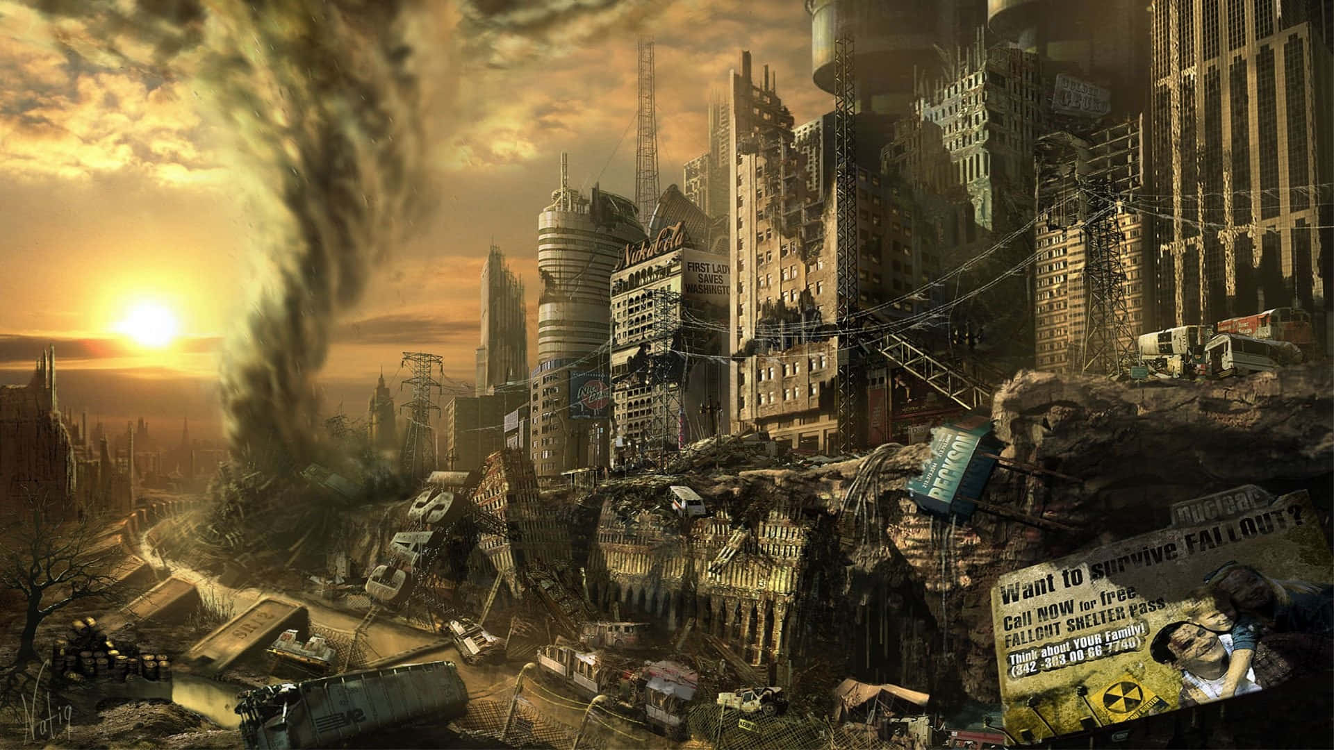 Fallout, post apocalyptic cityscape, sunset, Full HD Desktop Wallpaper
