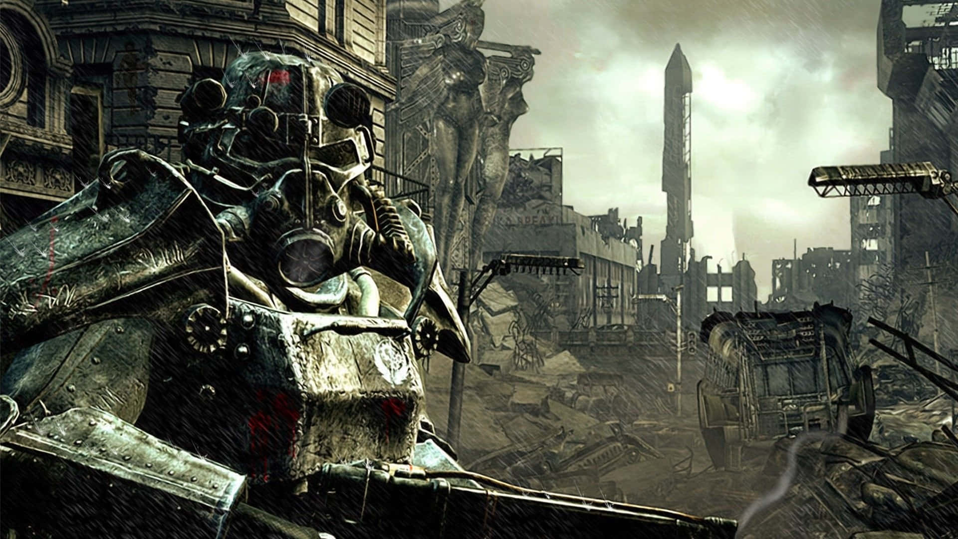 Fallout, power armor suit, ruined cityscape, Full HD Desktop Wallpaper