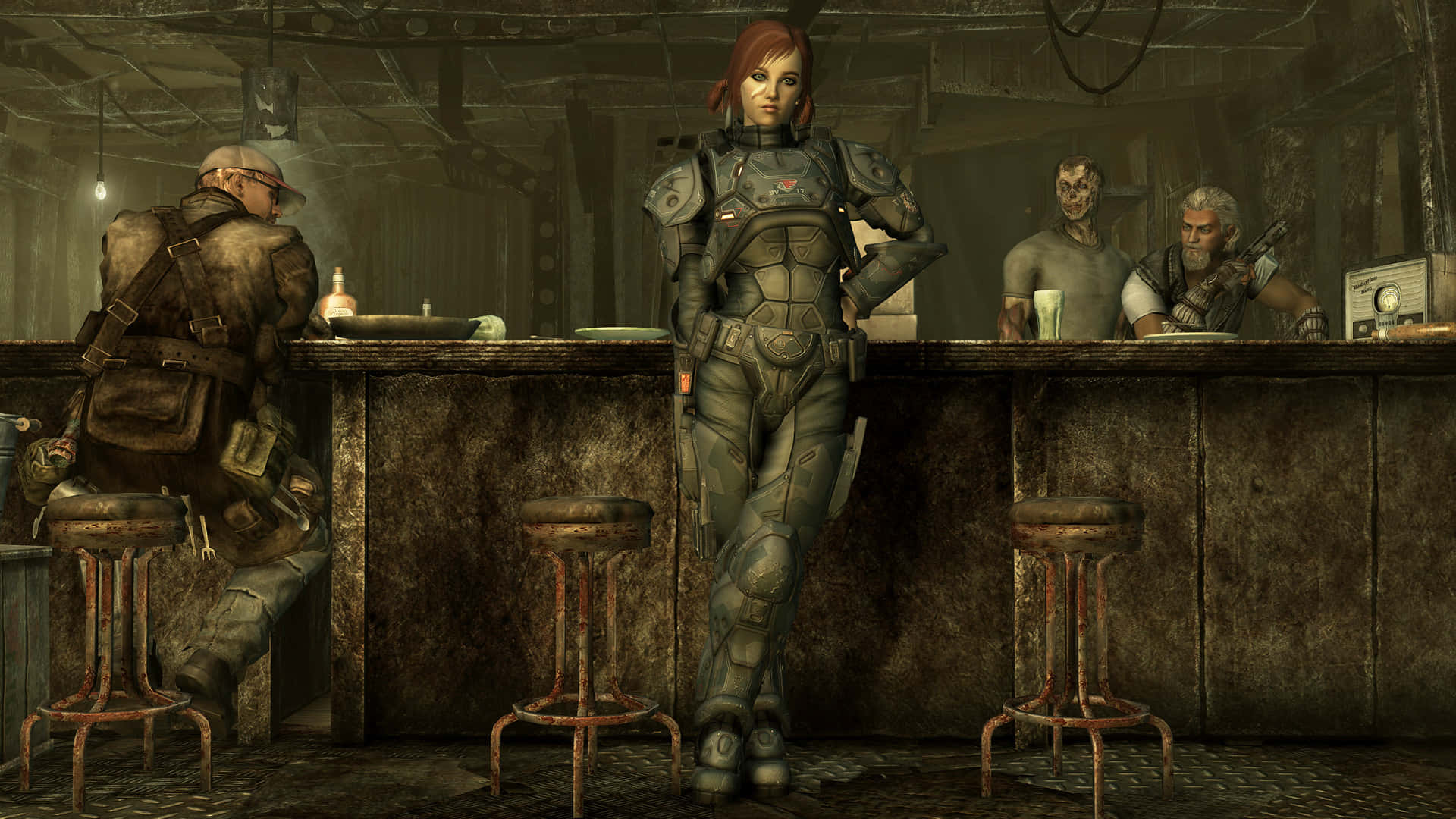 Fallout, post apocalyptic bar scene, female soldier, Full HD Desktop Wallpaper