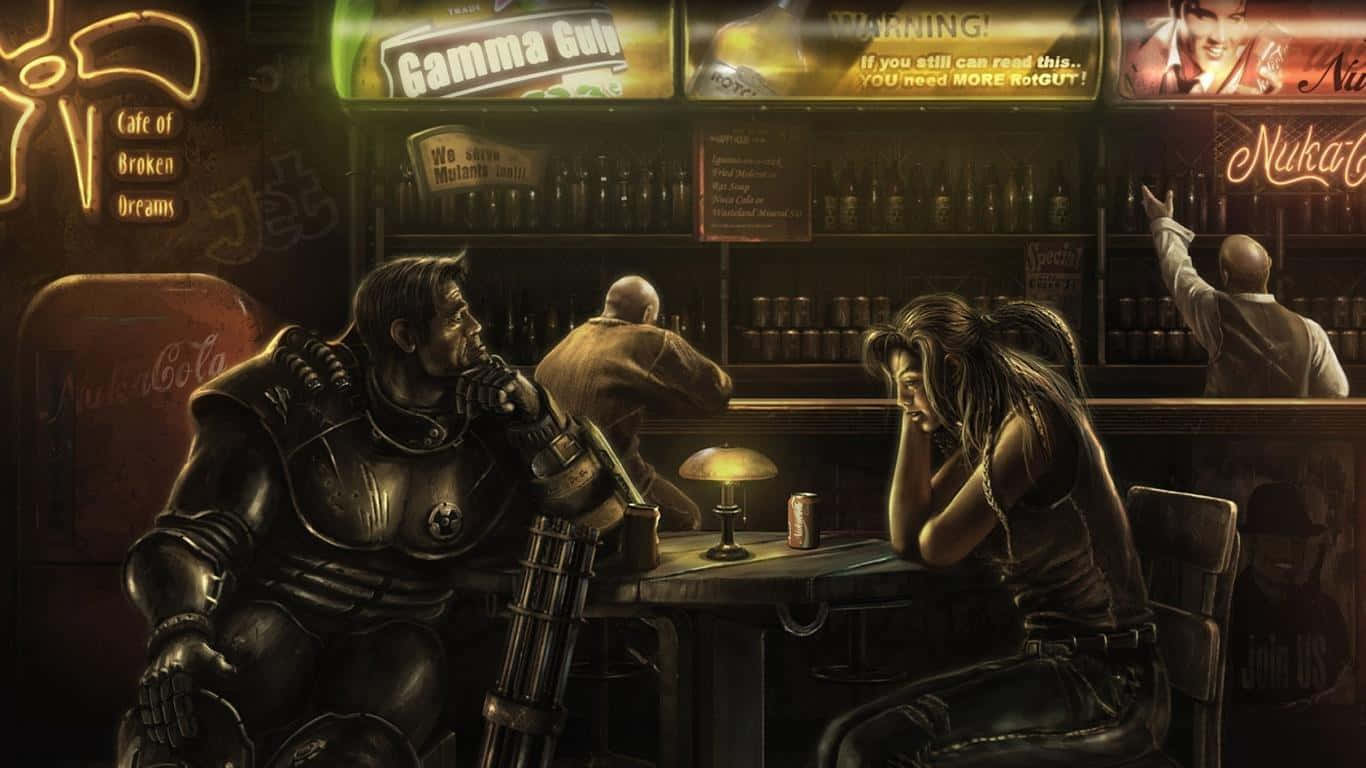 Fallout, post apocalyptic bar scene, neon signs, HD Desktop Wallpaper