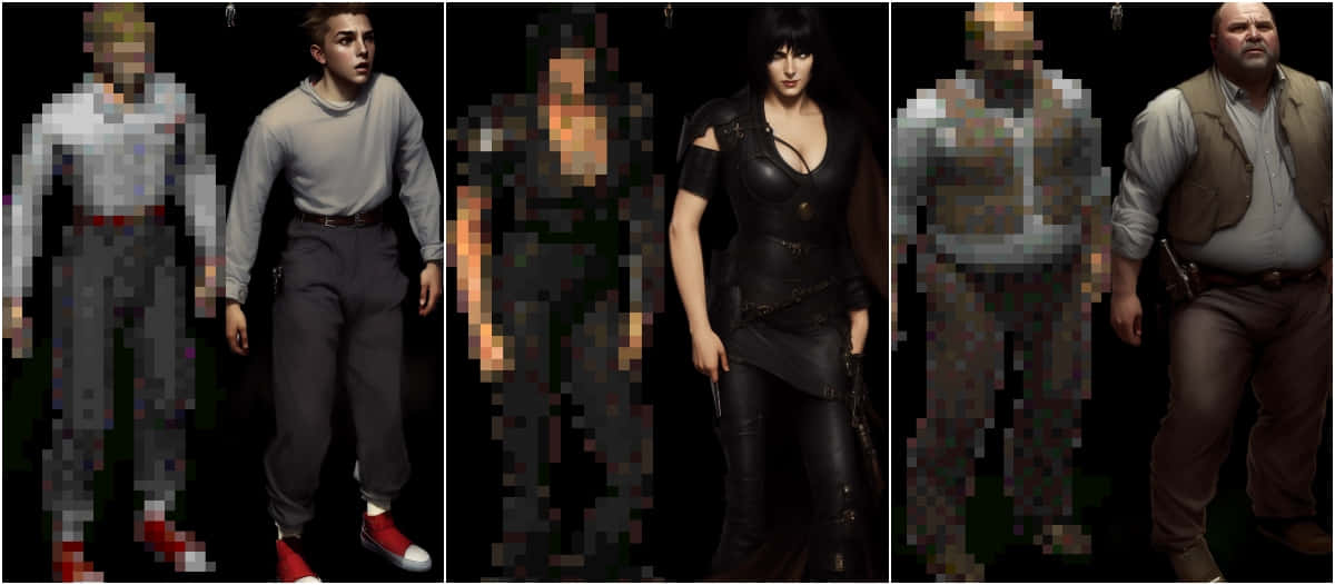 Fallout Characters, pixelated characters, black background, SD Desktop Wallpaper