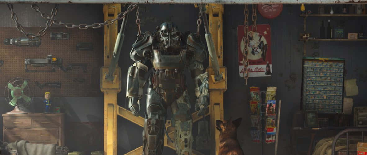 Fallout, power armor suit, cluttered workshop, SD Desktop Wallpaper