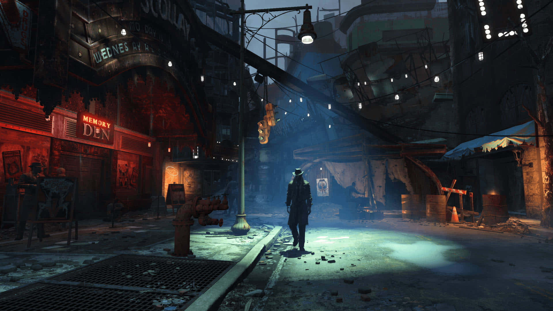 Fallout 4 Computer, neon-lit, rain-slicked alleyway, Full HD Desktop Wallpaper