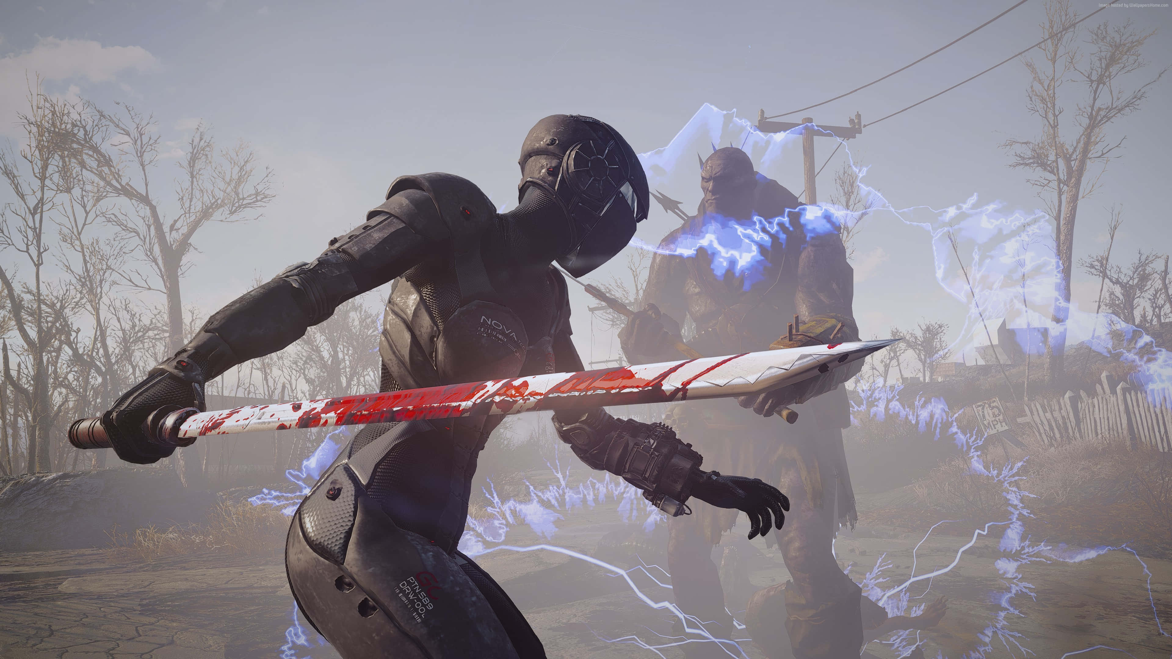 Fallout 4, masked warrior, bloodied sword, 4K Desktop Wallpaper