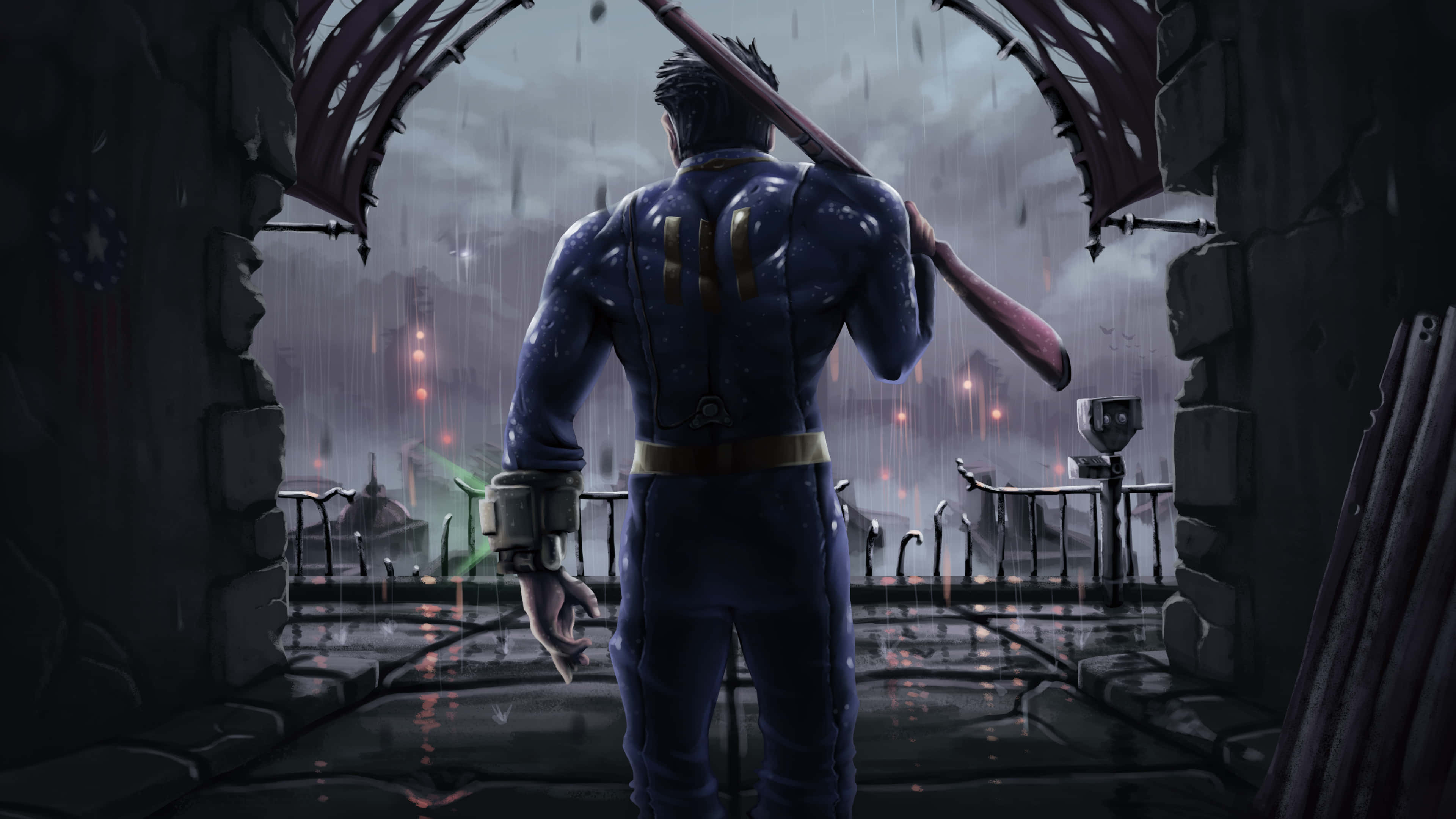 Fallout 4 Computer, blue uniform, baseball bat, 4K Desktop Wallpaper
