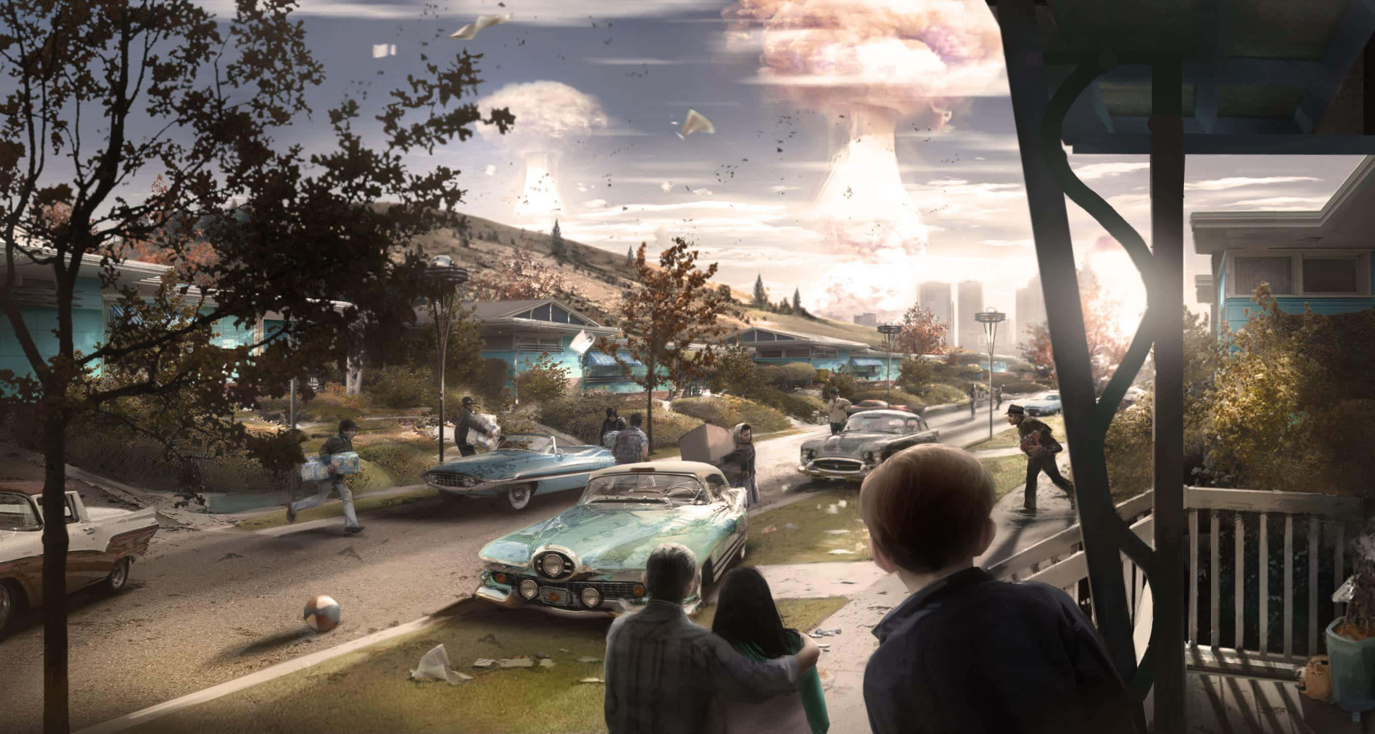 Fallout 4, nuclear explosions, suburban neighborhood, 2K Desktop Wallpaper