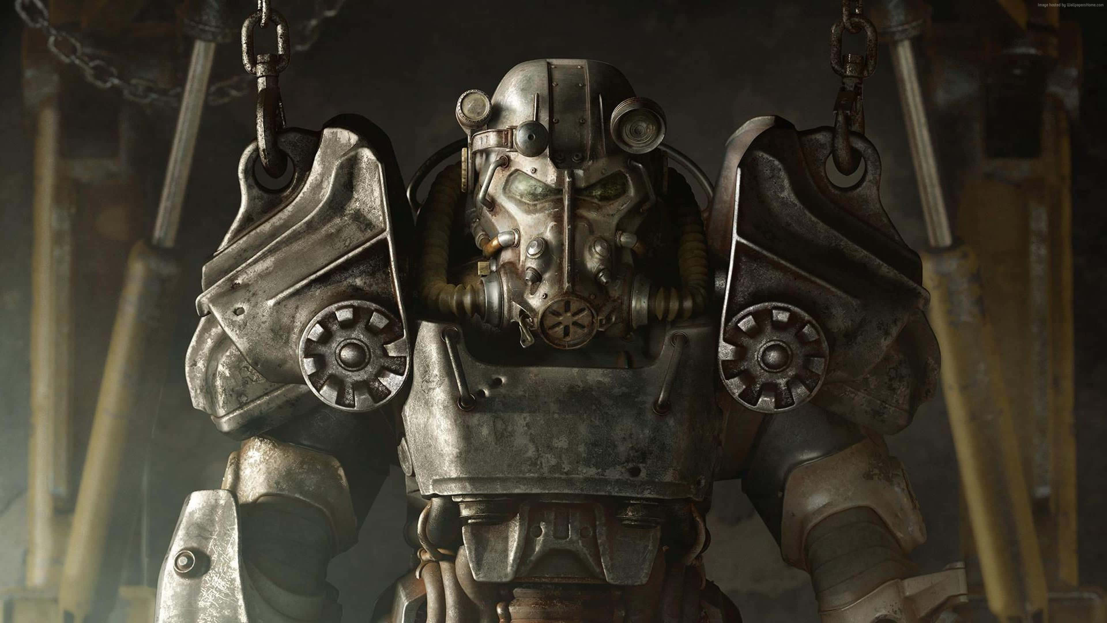 Fallout 4, power armor suit, industrial workshop, 4K Desktop Wallpaper