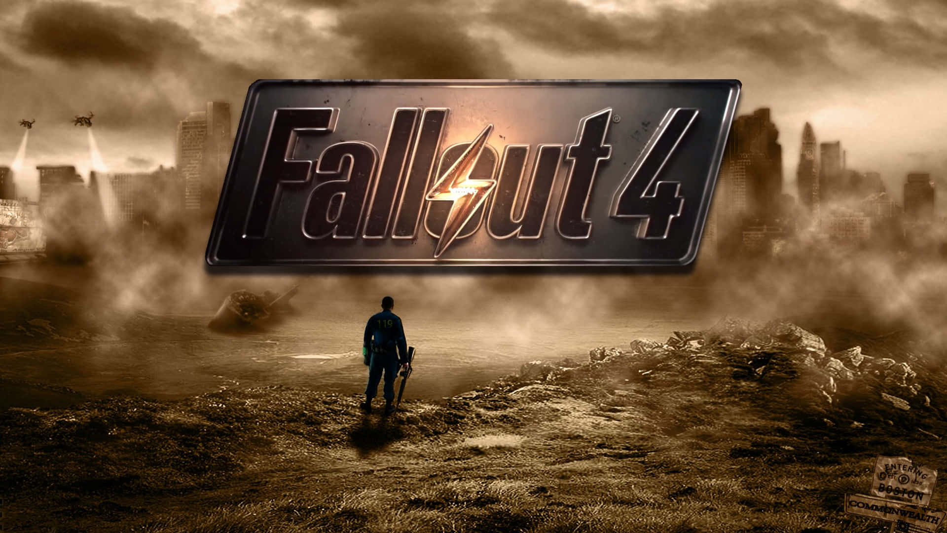 Fallout 4, Fallout 4 logo, ruined city skyscrapers, Full HD Desktop Wallpaper