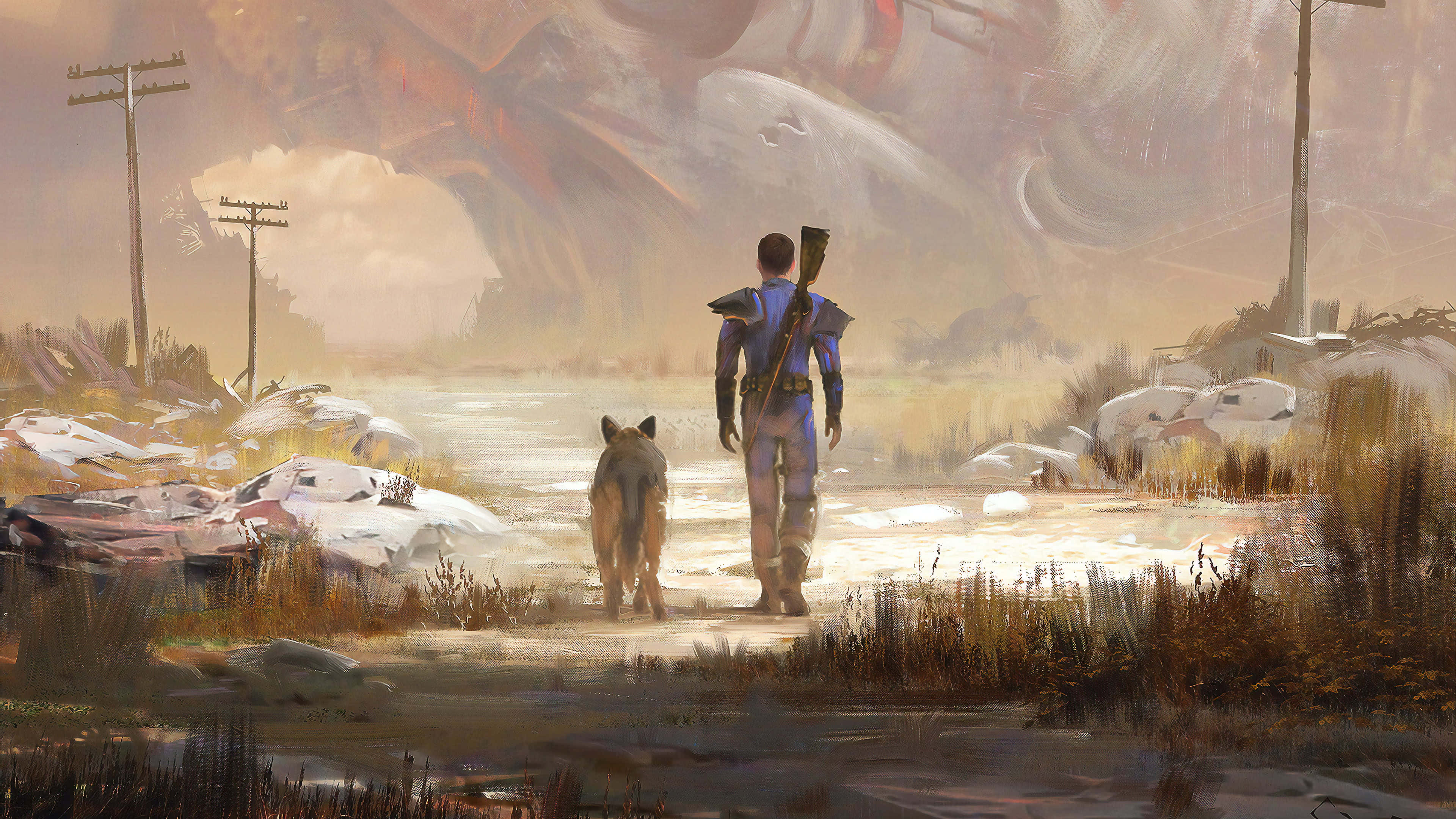 Fallout 4 Dogmeat, wolf, snow-dusted wasteland, 4K Desktop Wallpaper