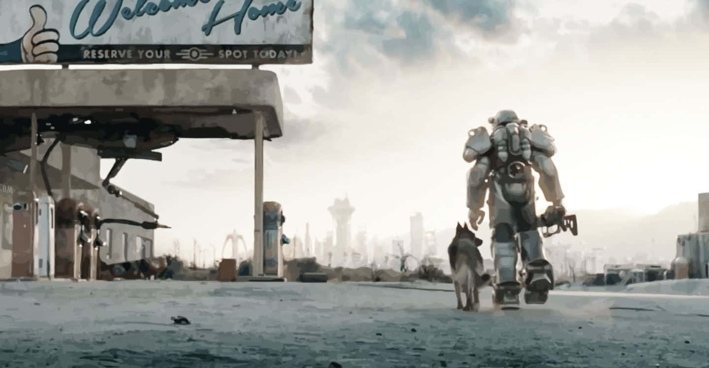 Fallout 4, Dogmeat, gas station, HD Desktop Wallpaper