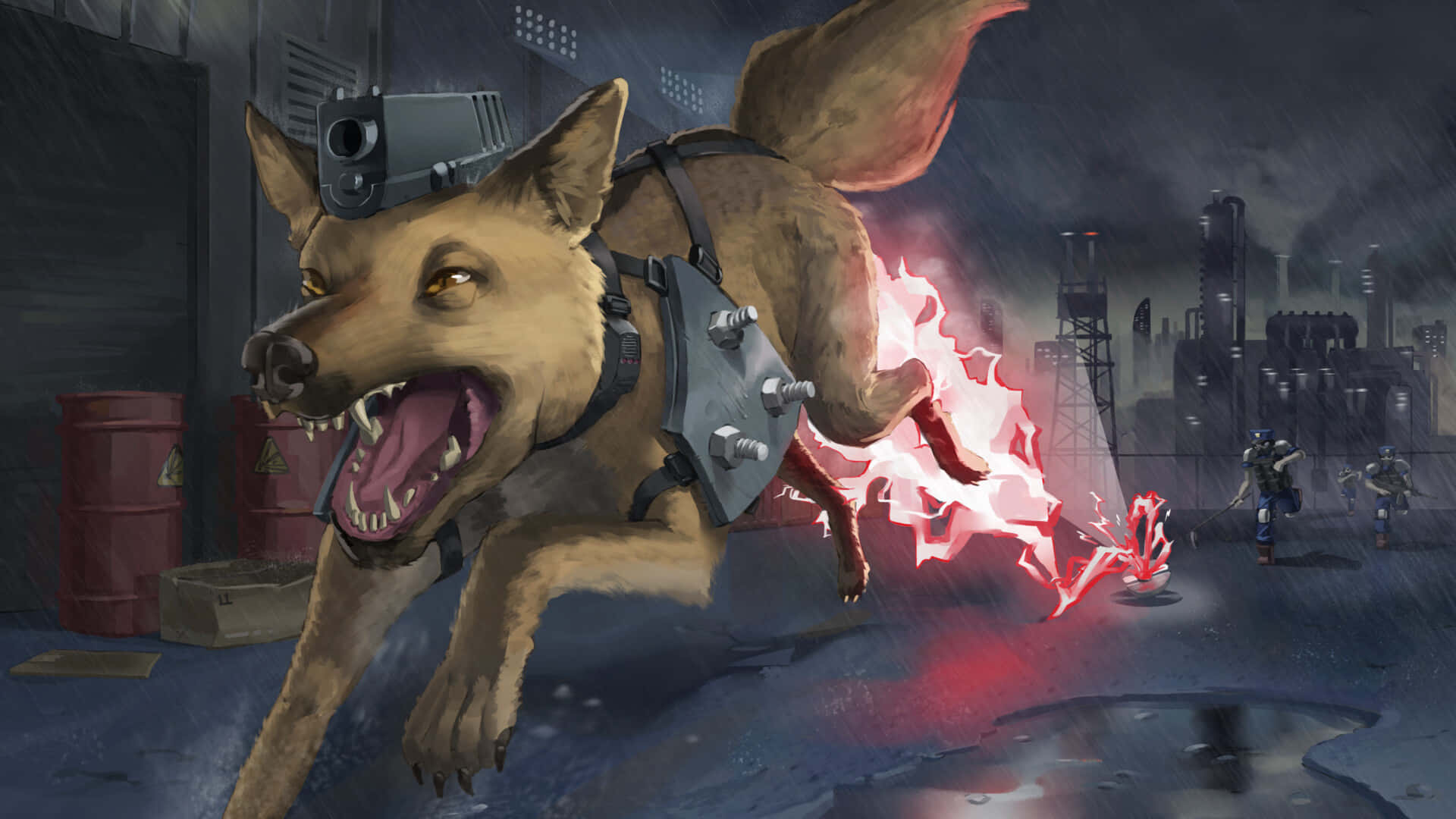 Fallout 4 Dogmeat, glowing red energy claws, rainy industrial wasteland, Full HD Desktop Wallpaper