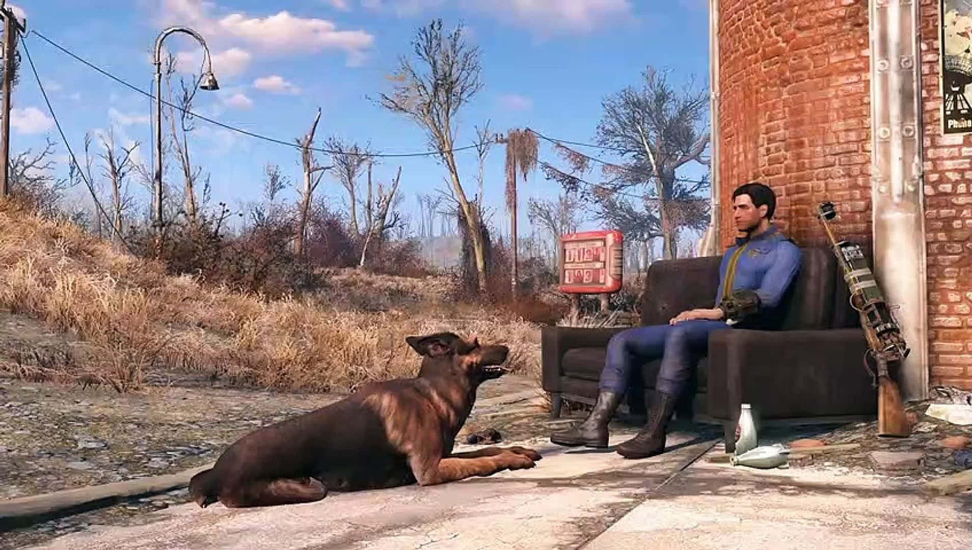 Fallout 4 Dogmeat, blue jumpsuit, couch, HD Desktop Wallpaper