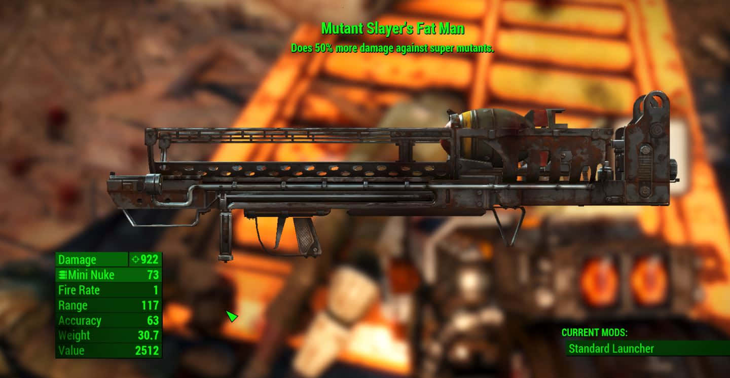 Fallout 4 Fat Man, rusted mutant slayer, green stats overlay, HD Desktop Wallpaper