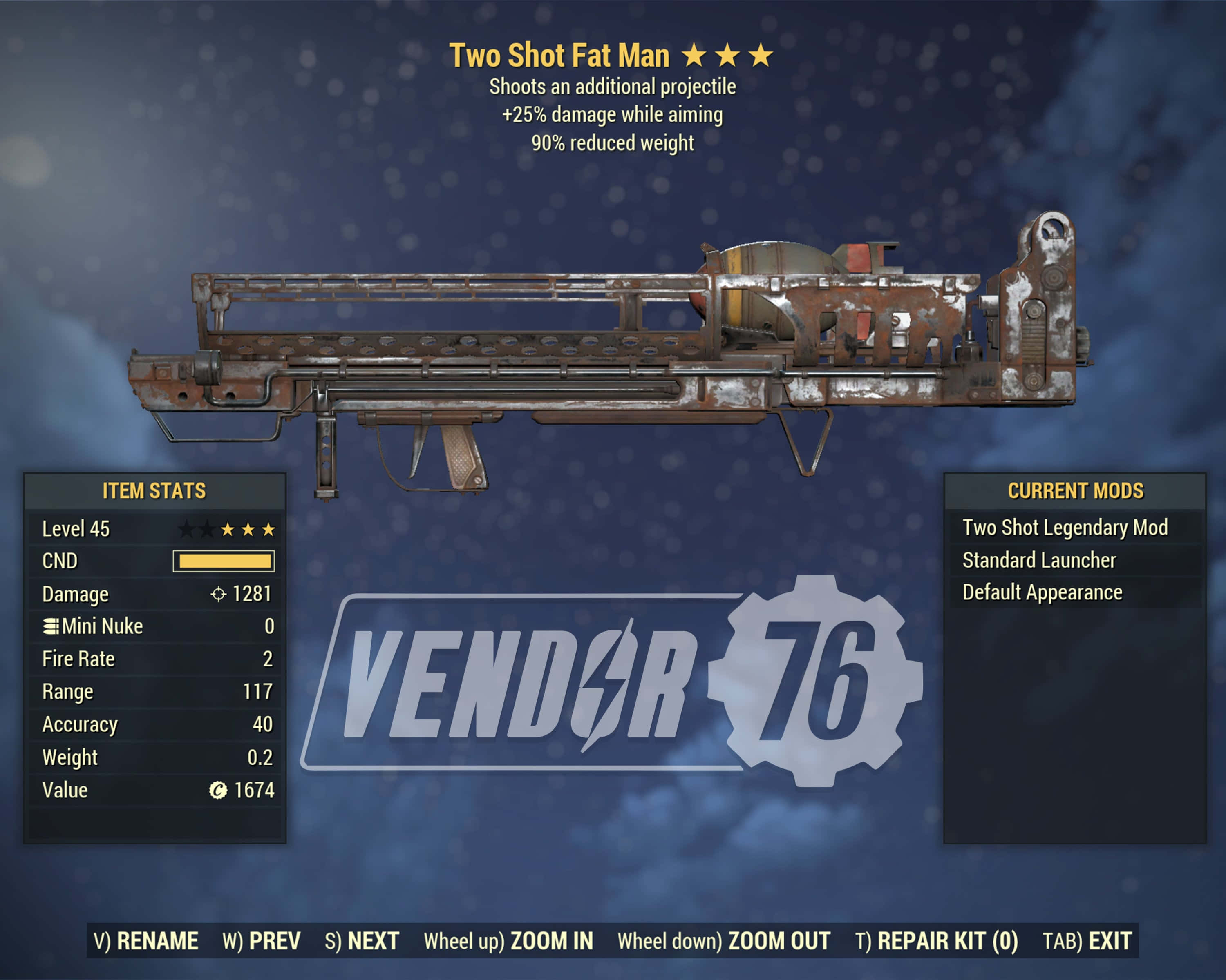 Fallout 4 Fat Man, rusted futuristic weapon, game vendor menu, 2K Desktop Wallpaper