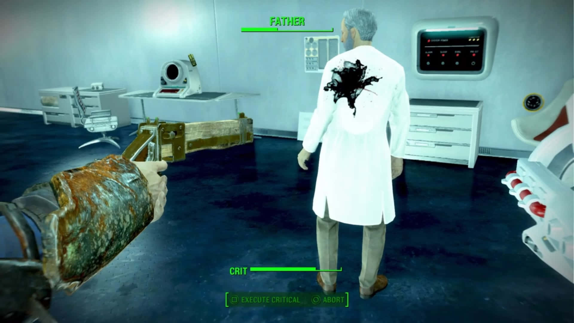 Fallout 4 Institute, rusted weapon, scientist in a white lab coat with a black splatter on the back, Full HD Desktop Wallpaper