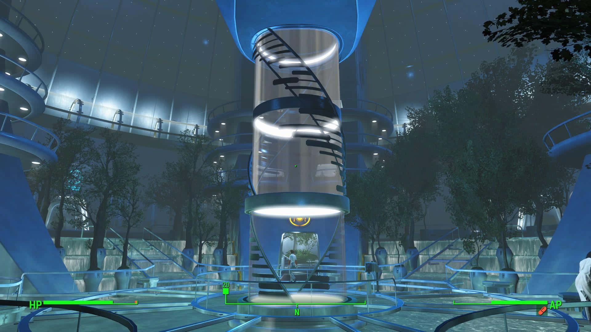Fallout 4 Institute, blue-domed structure, glowing spiral staircases, Full HD Desktop Wallpaper