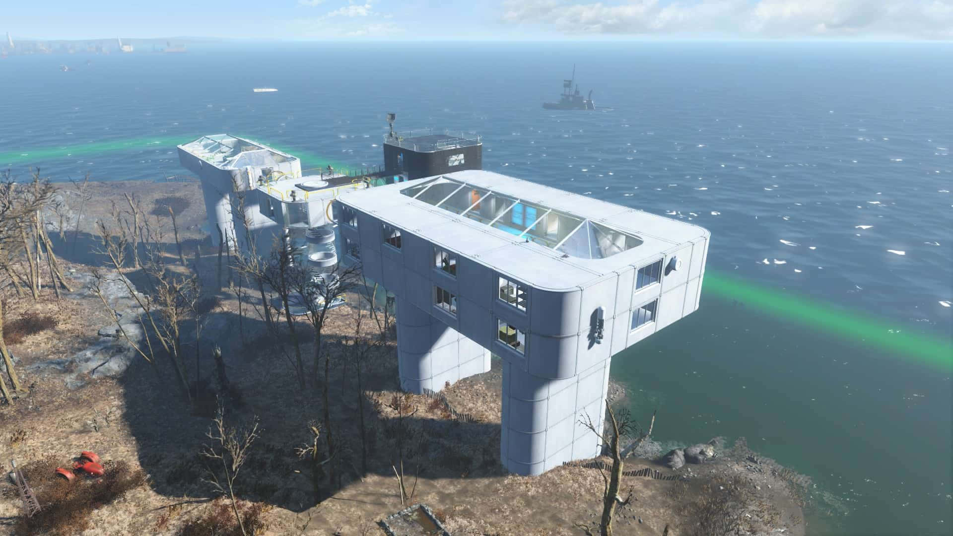 Fallout 4 Institute, futuristic floating modular building complex, barren coastal cliff, Full HD Desktop Wallpaper