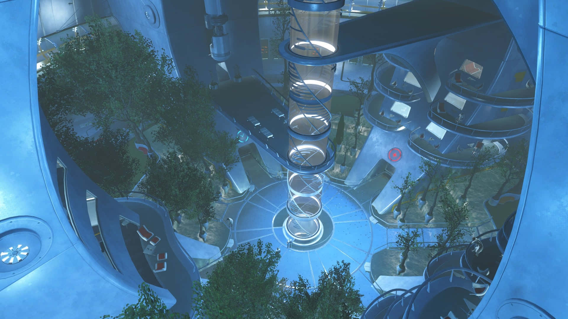Fallout 4 Institute, futuristic blue-toned interior, glowing circular structures, Full HD Desktop Wallpaper