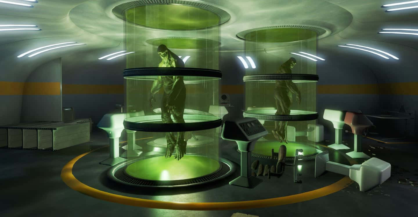 Fallout 4 Institute, green-skinned hulks, glowing cylindrical containment pods, HD Desktop Wallpaper