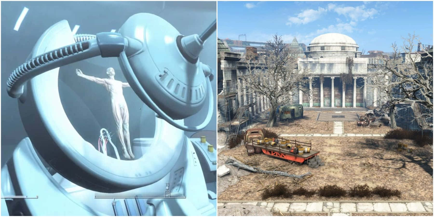 Fallout 4 Institute, white humanoid figure, futuristic medical pod, HD Desktop Wallpaper
