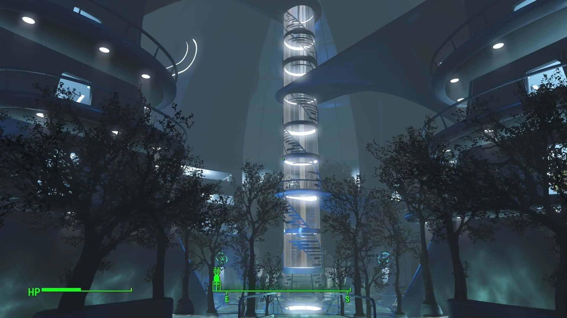 Fallout 4 Institute, futuristic glowing spiral tower, misty courtyard, Full HD Desktop Wallpaper