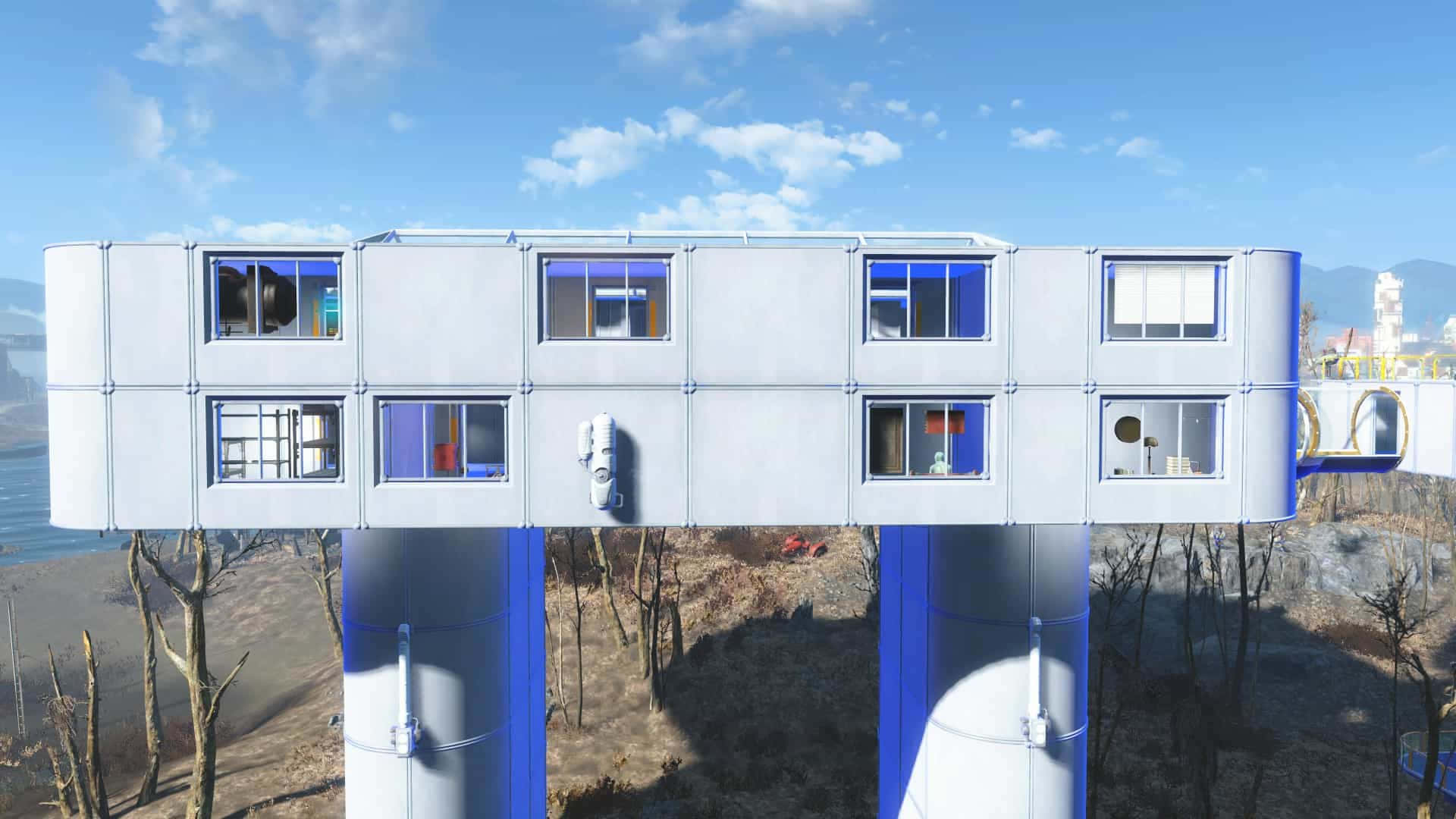 Fallout 4 Institute, futuristic floating modular building, blue supports, Full HD Desktop Wallpaper