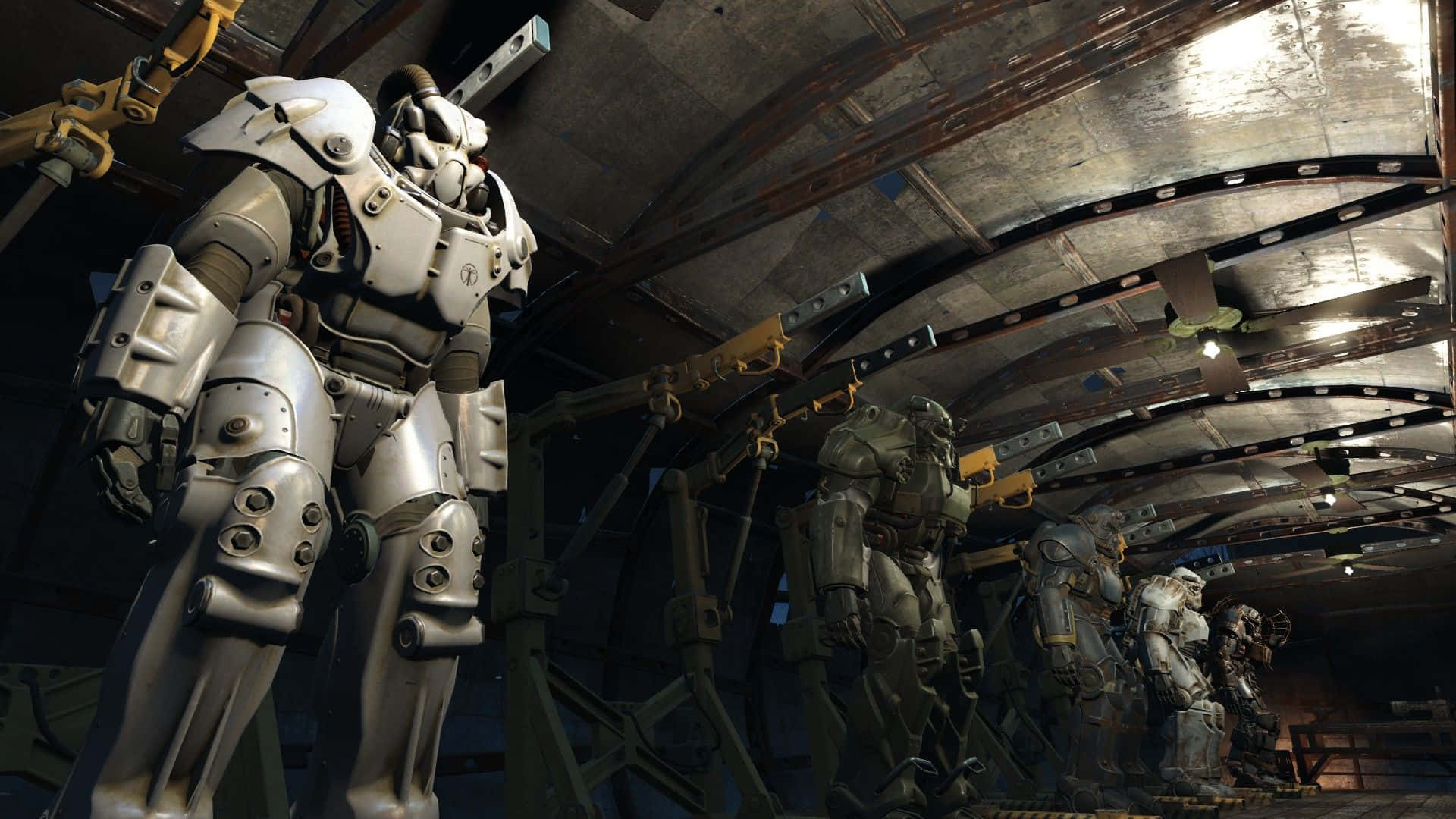 Fallout 4 Power Armor, industrial hangar, exposed pipes, Full HD Desktop Wallpaper