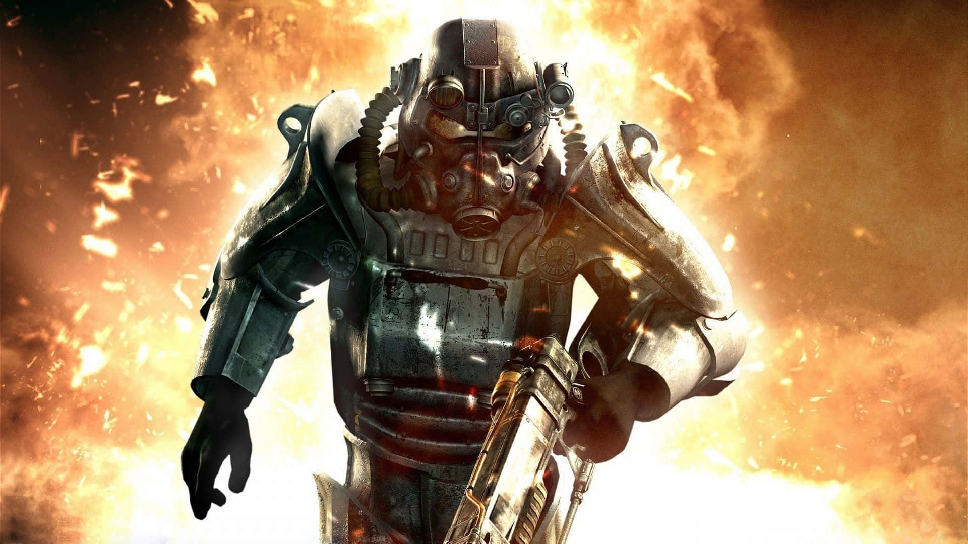 Fallout 4 Power Armor, firey explosions, smoke, Full HD Desktop Wallpaper