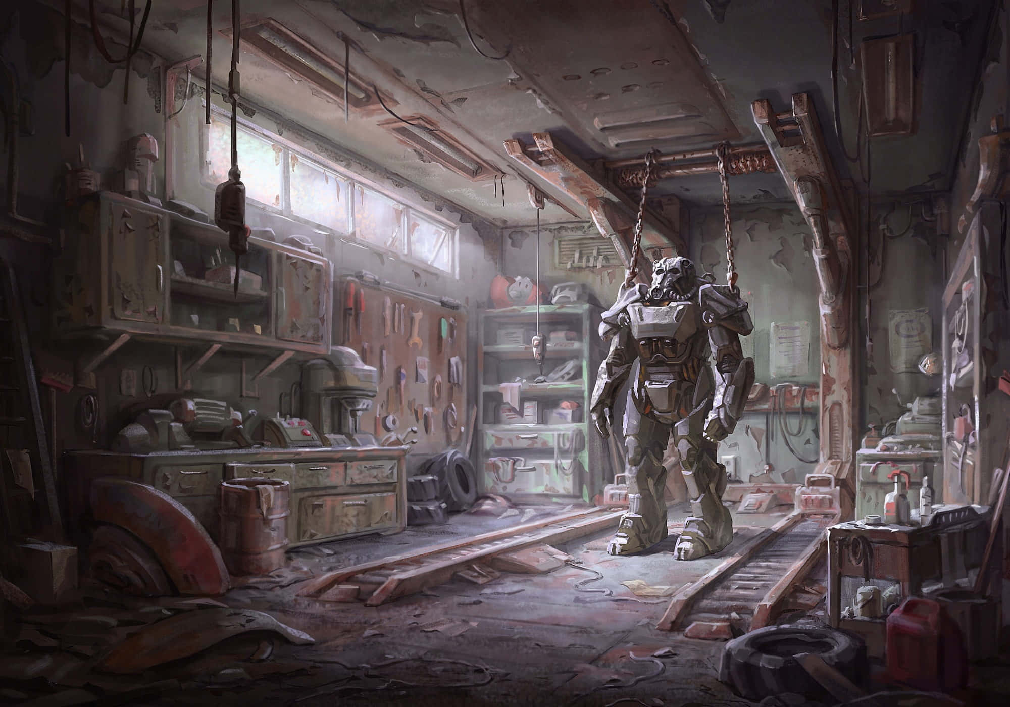 Fallout 4 Power Armor, workshop, dusty, Full HD Desktop Wallpaper