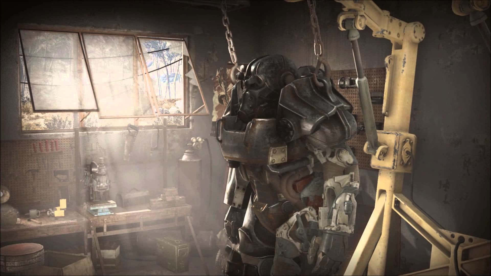 Fallout 4 Power Armor, dusty, sunlit workshop, tools, Full HD Desktop Wallpaper
