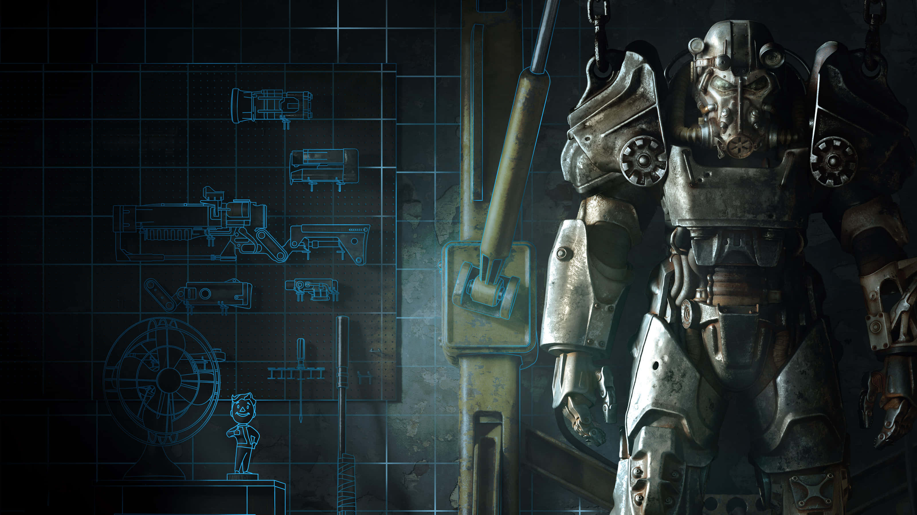 Fallout 4 Power Armor, blue technical schematics, dim workshop, 2K Desktop Wallpaper