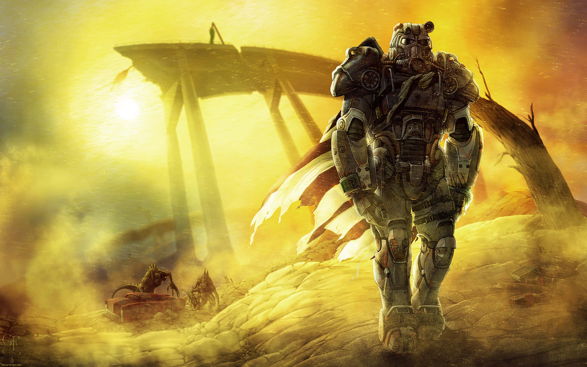 Fallout 4 Power Armor, golden sun, desolate wasteland, Full HD Desktop Wallpaper