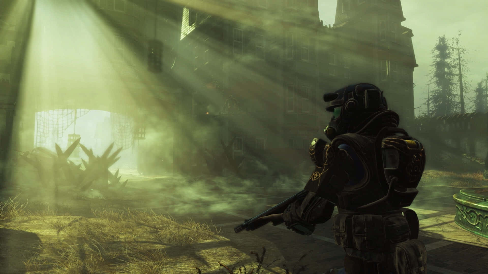 Fallout 4 Power Armor, gas mask, sunlit, Full HD Desktop Wallpaper