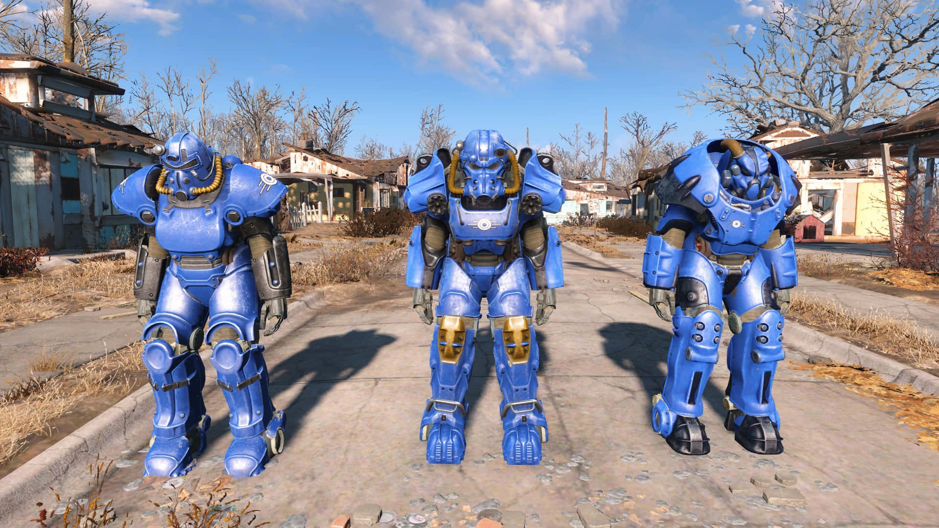 Fallout 4 Power Armor, blue power armor suits, cracked road, Full HD Desktop Wallpaper
