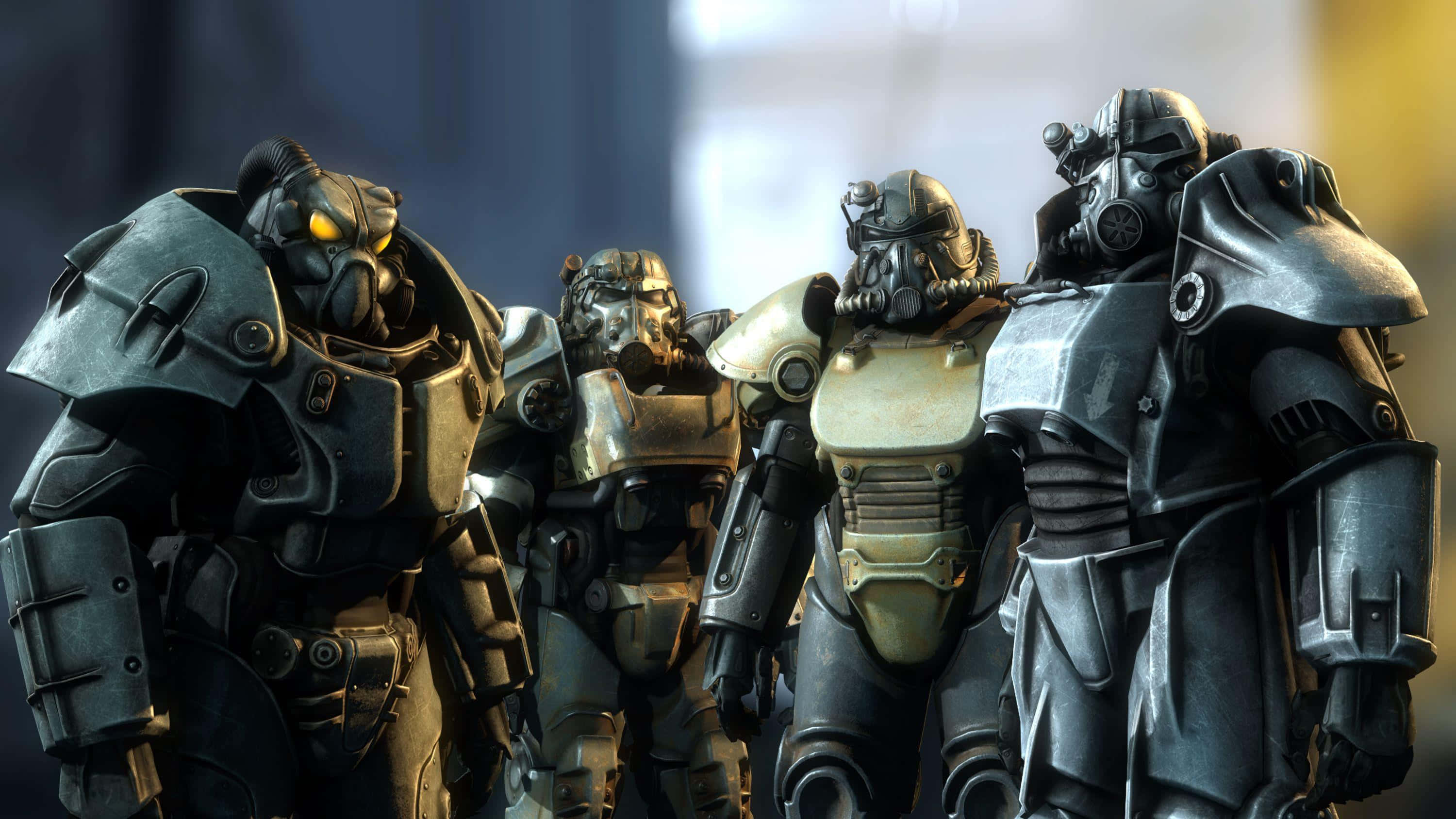 Fallout 4 Power Armor, glowing yellow eyes, weathered metal surfaces, 2K Desktop Wallpaper
